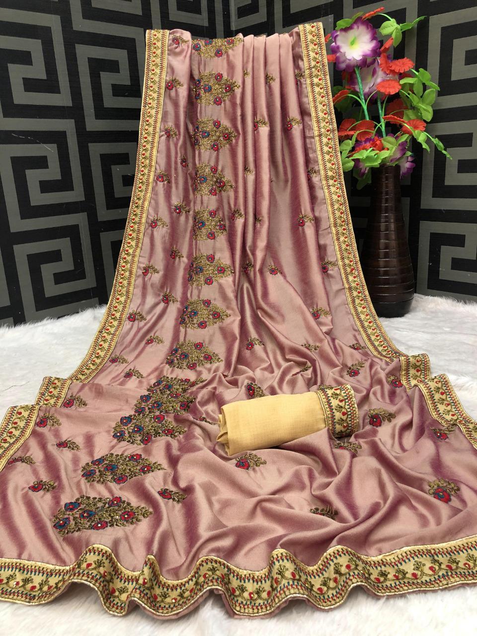 Bollywood Traditional Vichitra Soft Silk Embroidered Designer Party Wear Saree