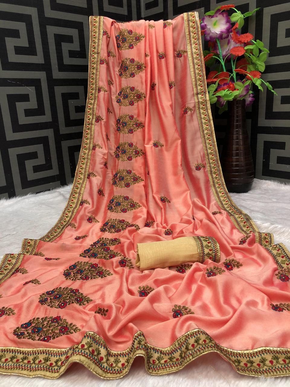 Bollywood Traditional Vichitra Soft Silk Embroidered Designer Party Wear Saree