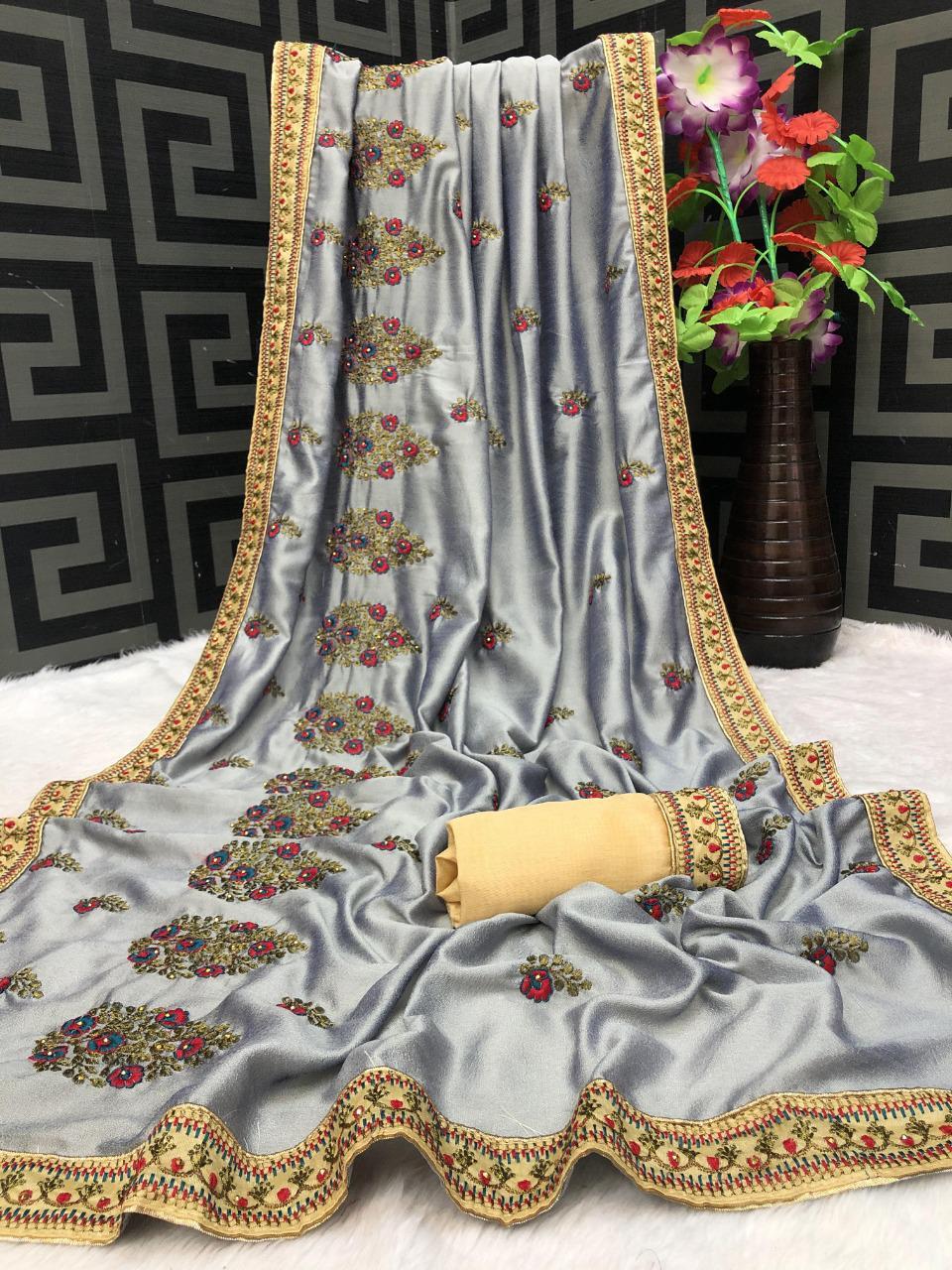 Bollywood Traditional Vichitra Soft Silk Embroidered Designer Party Wear Saree