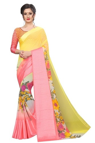 Flower Print Chiffon Saree - 6.3 Mtr Length, Multi-Color, Elegant Daily Wear | Suitable for All Seasons, with Blouse Piece