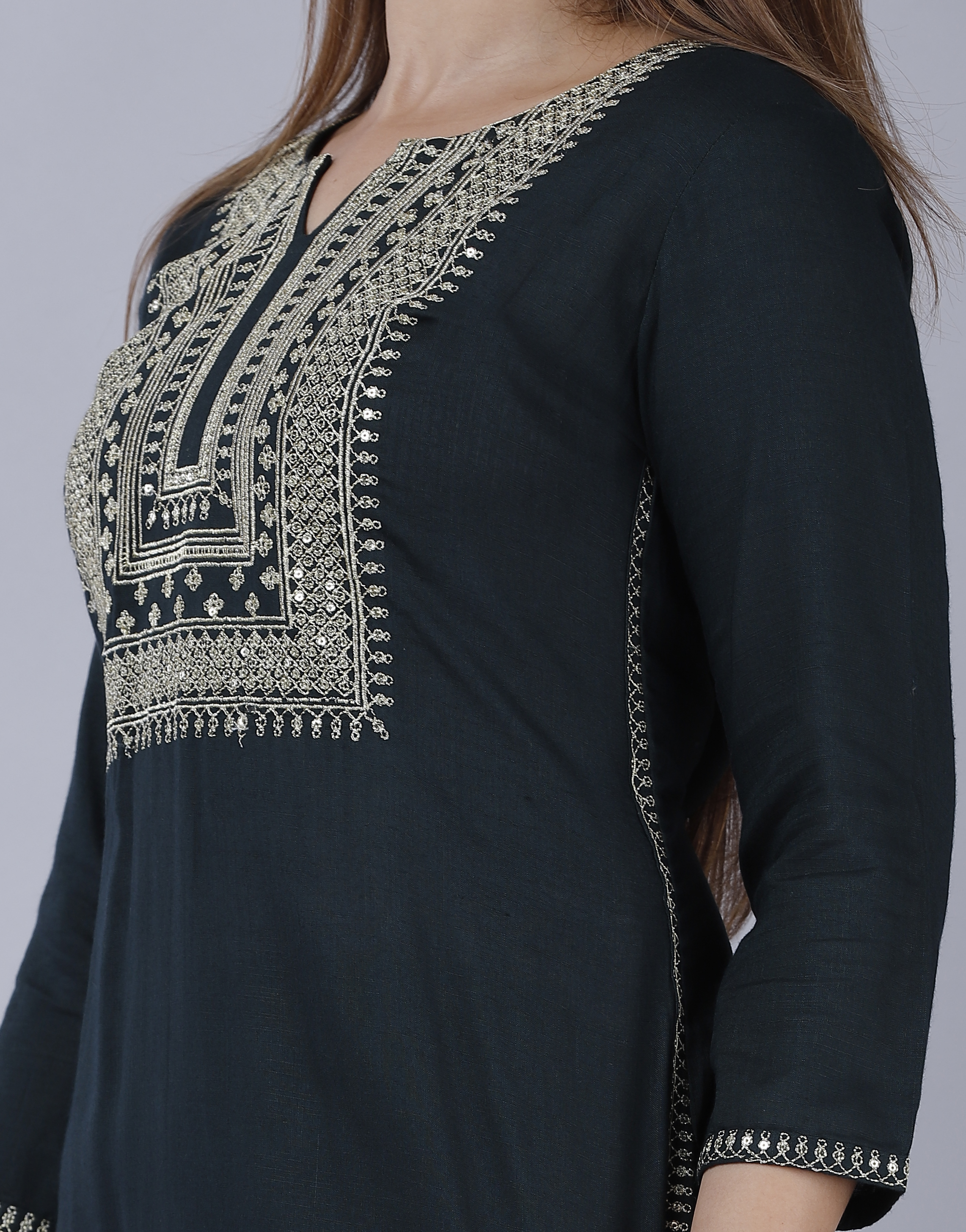 Rayon Slub Green Sequence Embroidered Straight Kurta Plazzo Set Decoration Material: Sequins