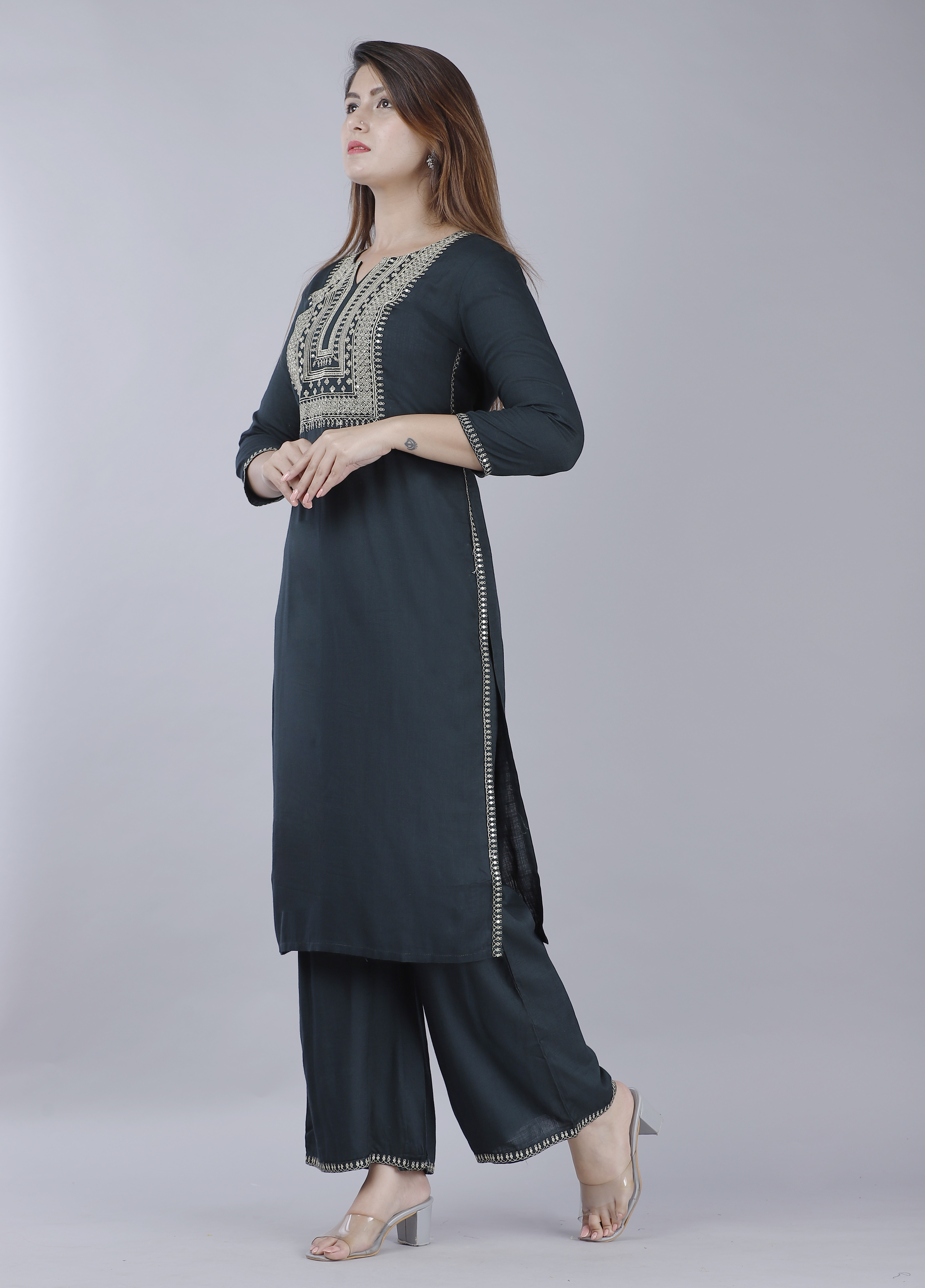 Rayon Slub Green Sequence Embroidered Straight Kurta Plazzo Set Decoration Material: Sequins