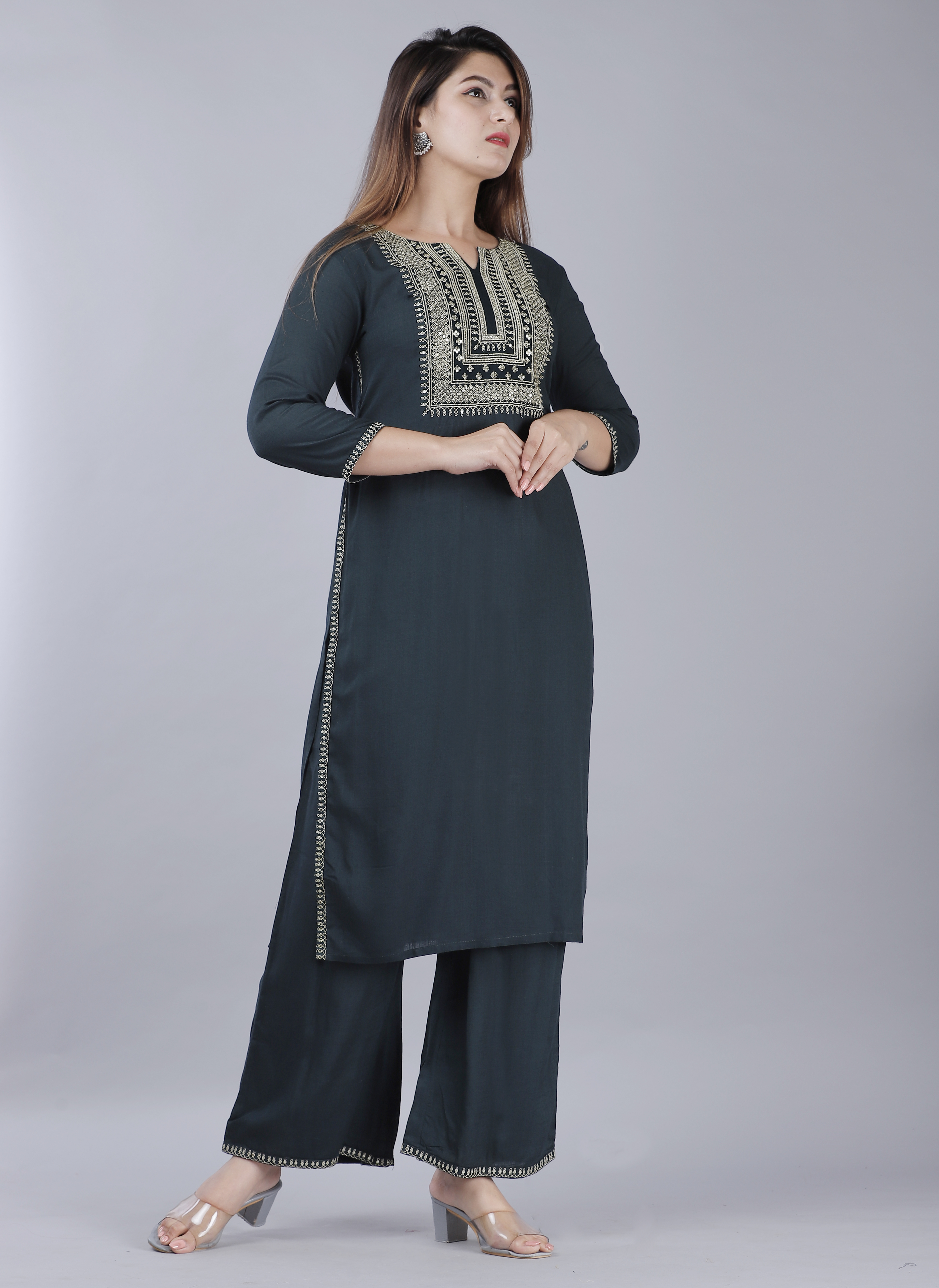 Rayon Slub Green Sequence Embroidered Straight Kurta Plazzo Set Decoration Material: Sequins