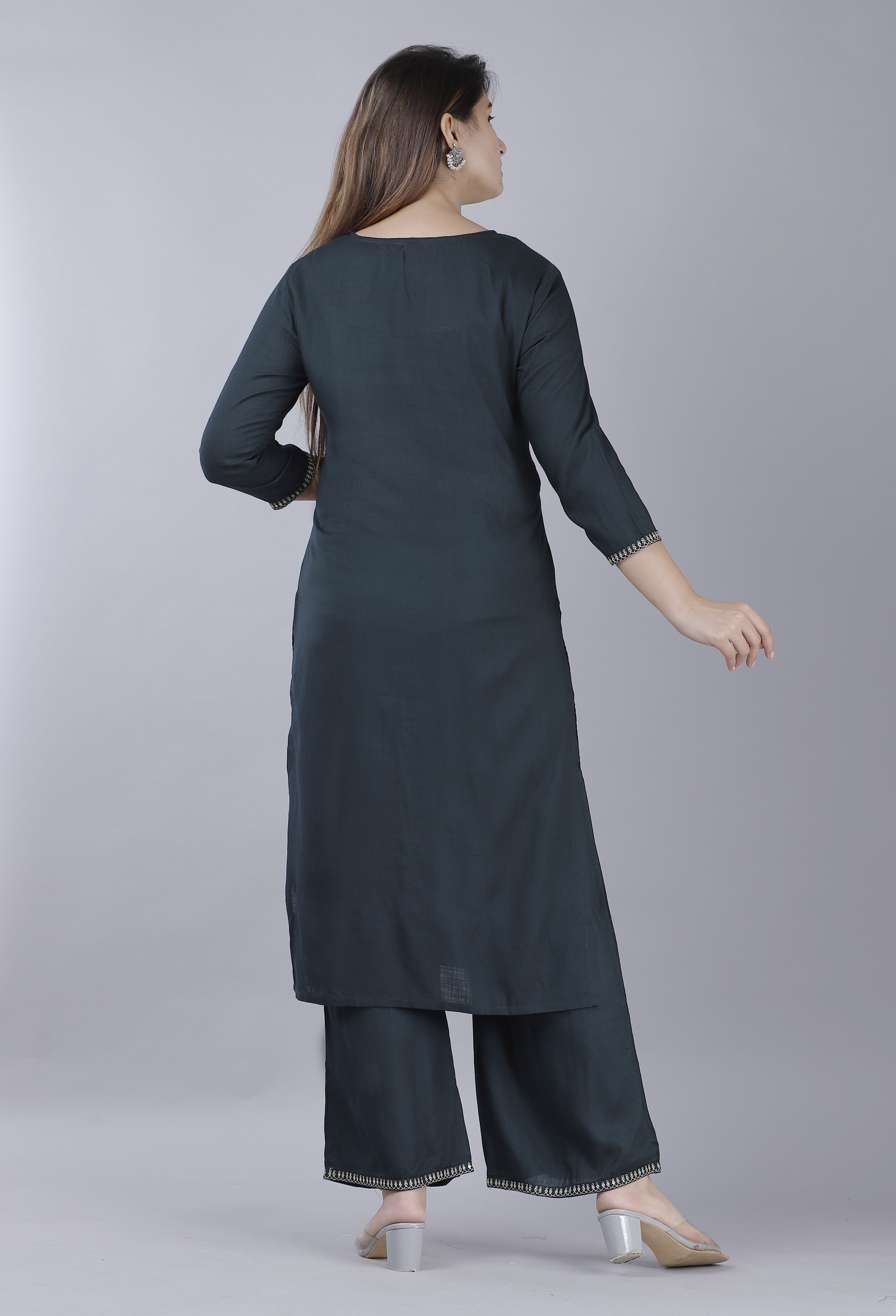 Rayon Slub Green Sequence Embroidered Straight Kurta Plazzo Set Decoration Material: Sequins