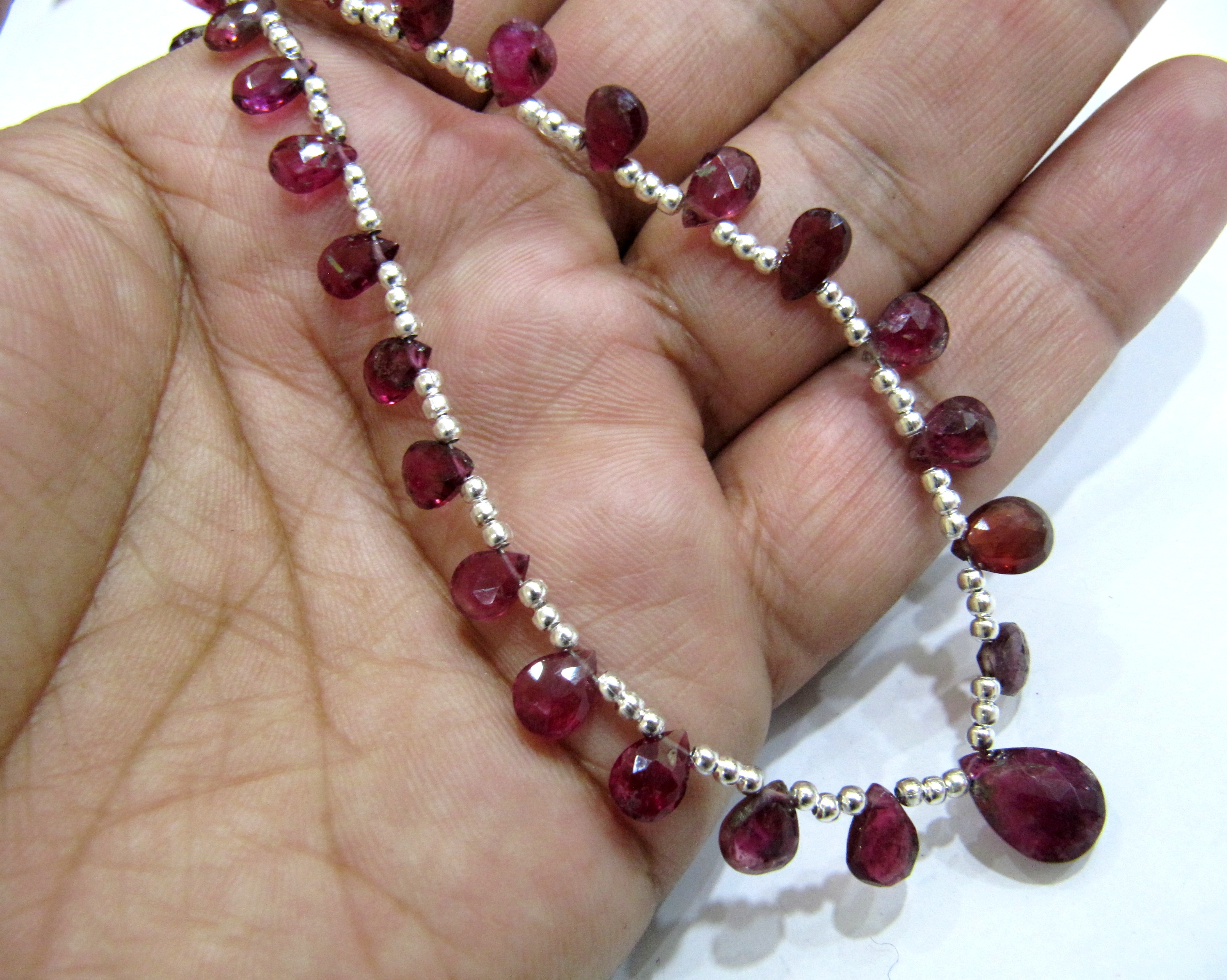 Natural Pink Tourmaline Briolette Faceted Pear Shape 4x6mm To 9x12mm Size Beaded Necklace 16 Inches Long With Magnetic Clasp