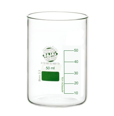 Beaker Low Form - 50 Milliliter Borosilicate 3.3, Transparent, 58mm Height, 42mm Width, Lab Glassware, Uniform Wall Thickness, Chemical Resistant