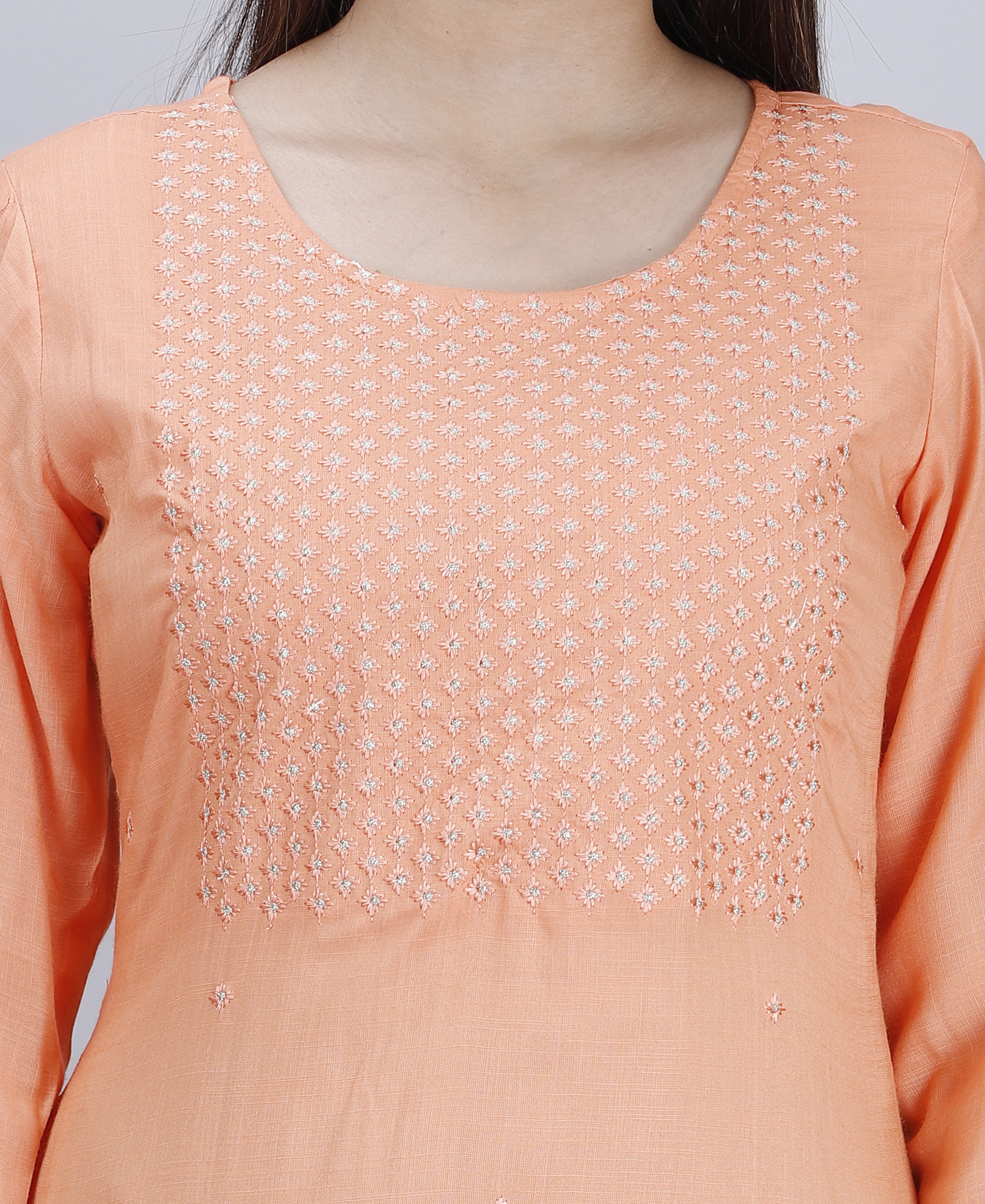 No Fade Rayon Peach Front Embroidered Straight Kurti