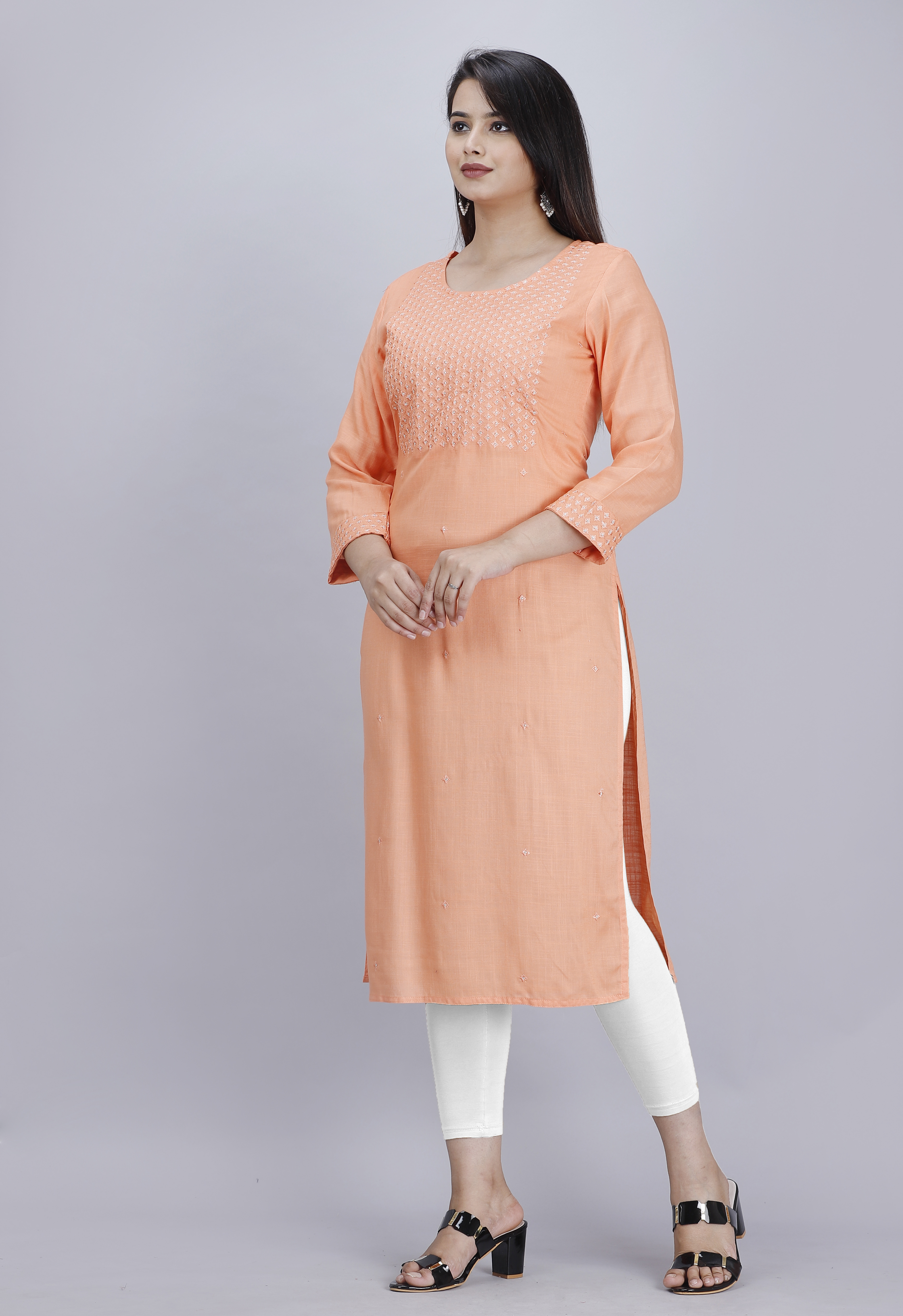 No Fade Rayon Peach Front Embroidered Straight Kurti