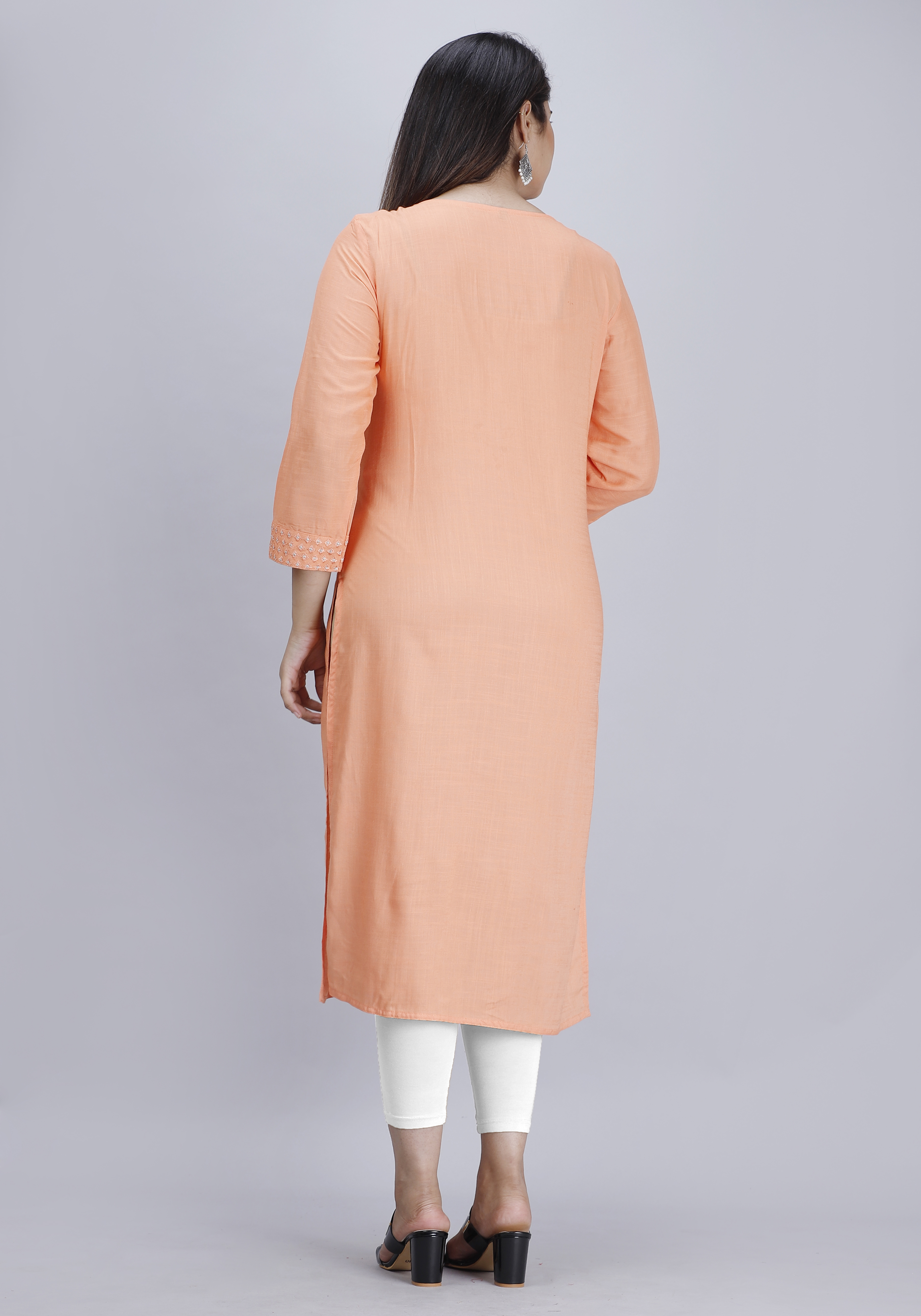 No Fade Rayon Peach Front Embroidered Straight Kurti