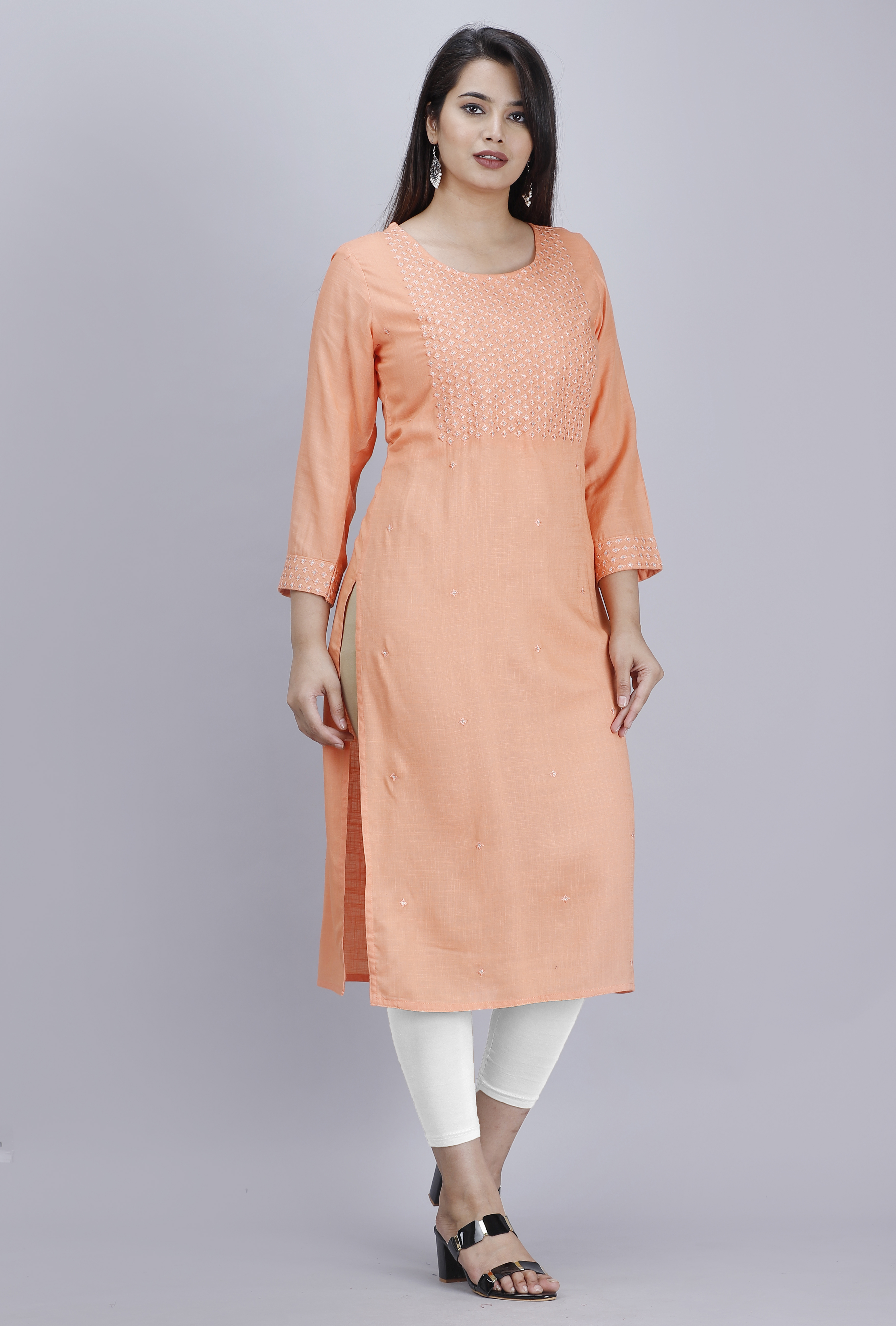 No Fade Rayon Peach Front Embroidered Straight Kurti