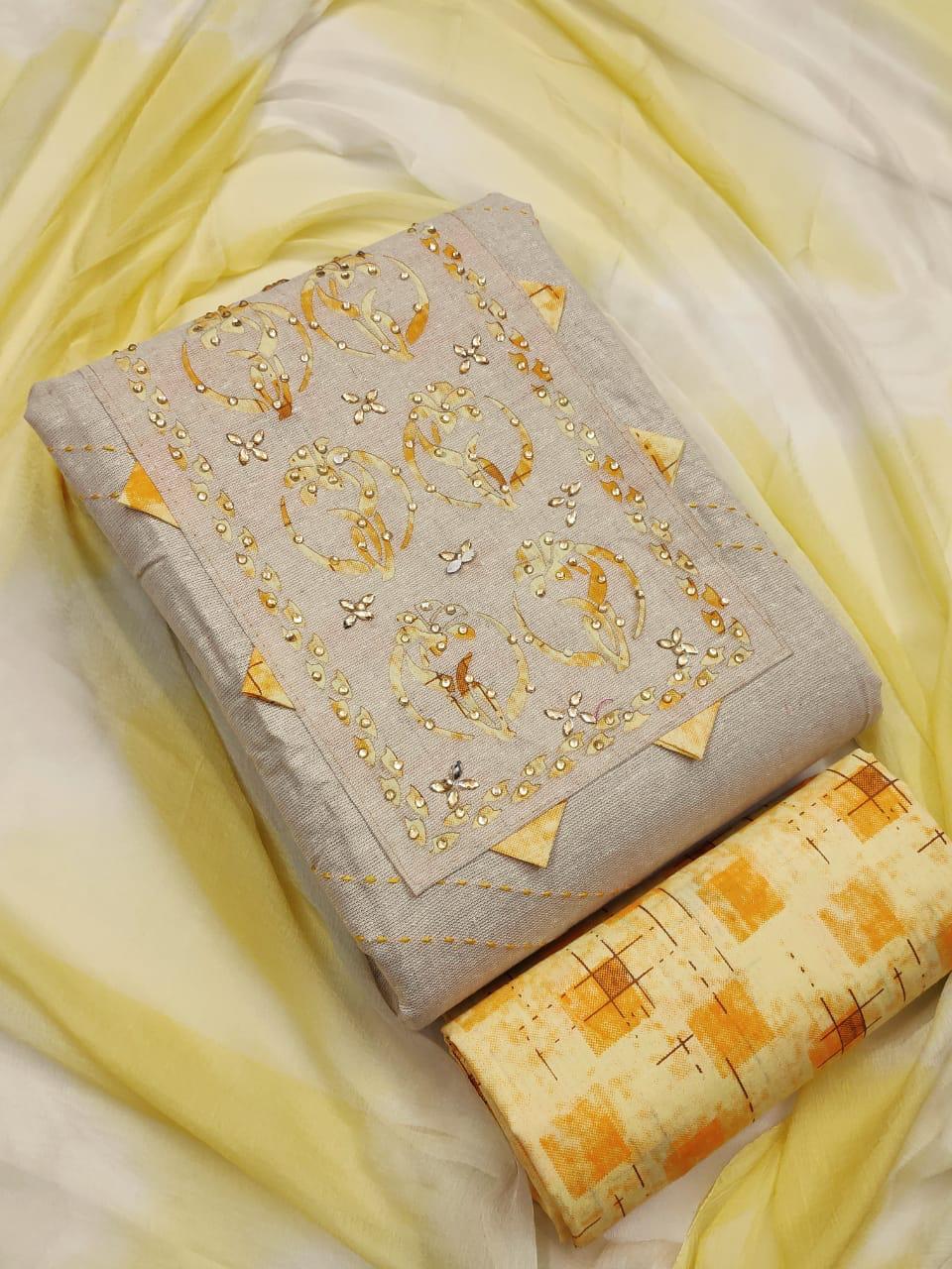 Khadi Cotton Dress Material Suit - Unstitched Cut Work Top (1.80m), Cotton Bottom (2.00m), Printed Naznin Dupatta (2.10m) | Handwork, Ethnic Indian Bead Decoration, Suitable For All Seasons