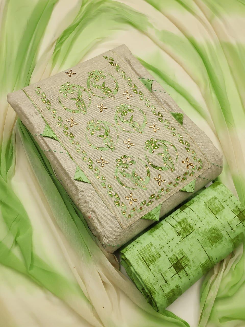 Khadi Cotton Dress Material Suit - Unstitched Cut Work Top (1.80m), Cotton Bottom (2.00m), Printed Naznin Dupatta (2.10m) | Handwork, Ethnic Indian Bead Decoration, Suitable For All Seasons