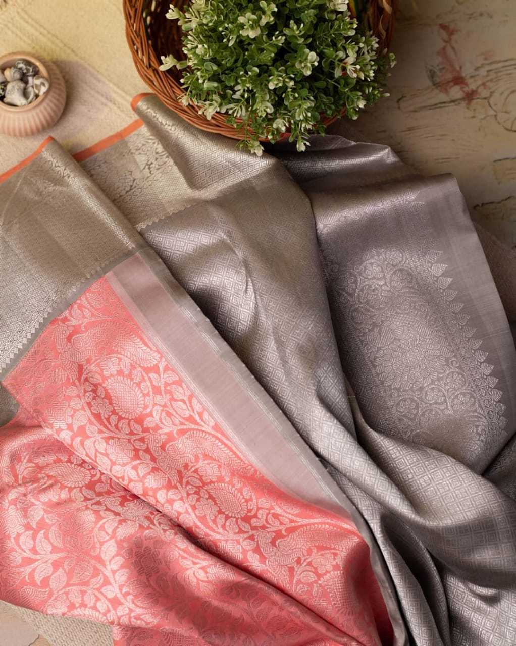 Kalavati - Soft Lichi Silk, Unstitched Blouse | Peach Color, Silver Zari Floral Jaal, Traditional Designer Style For Ceremonial And Wedding Occasions