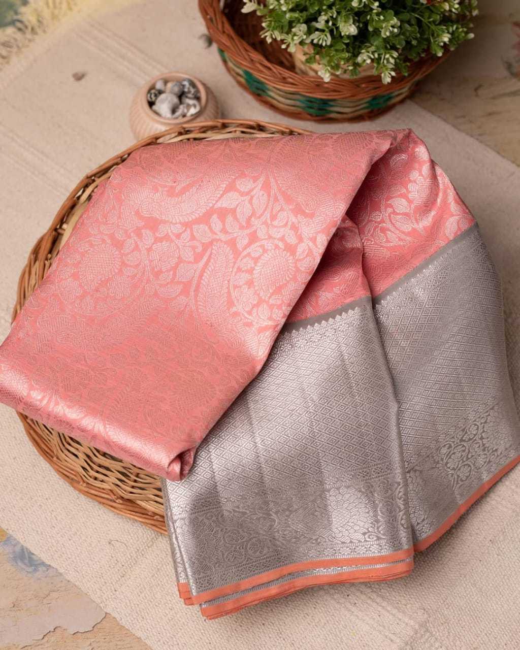 Kalavati - Soft Lichi Silk, Unstitched Blouse | Peach Color, Silver Zari Floral Jaal, Traditional Designer Style For Ceremonial And Wedding Occasions