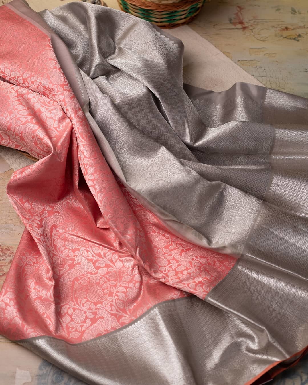 Kalavati - Soft Lichi Silk, Unstitched Blouse | Peach Color, Silver Zari Floral Jaal, Traditional Designer Style For Ceremonial And Wedding Occasions