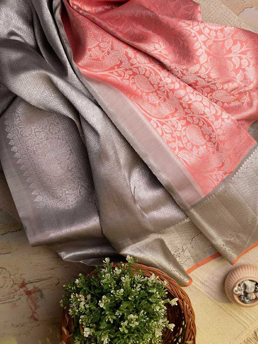 Kalavati - Soft Lichi Silk, Unstitched Blouse | Peach Color, Silver Zari Floral Jaal, Traditional Designer Style For Ceremonial And Wedding Occasions