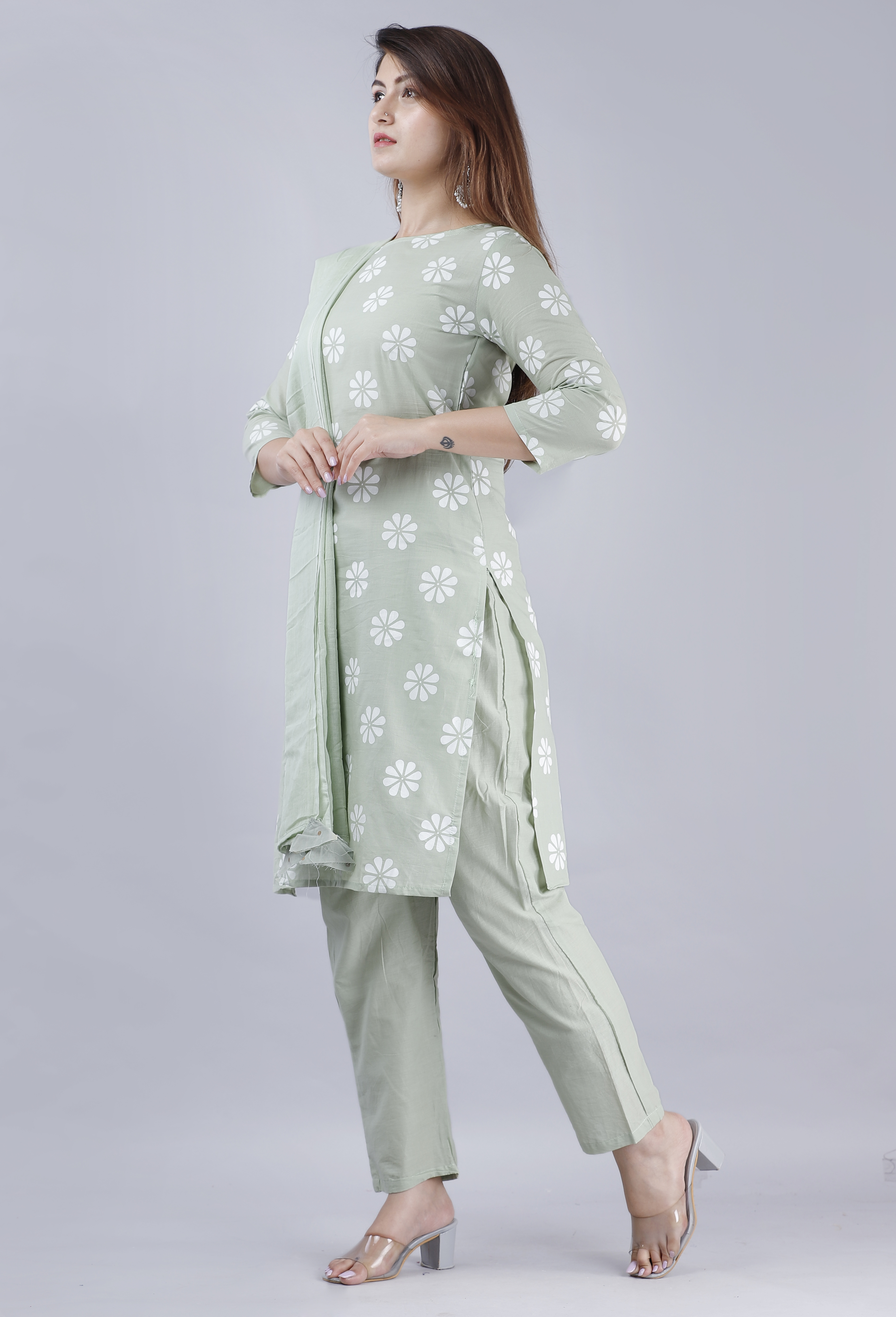 Washable Cotton Floral Printed Kurta Pant Set With Dupatta