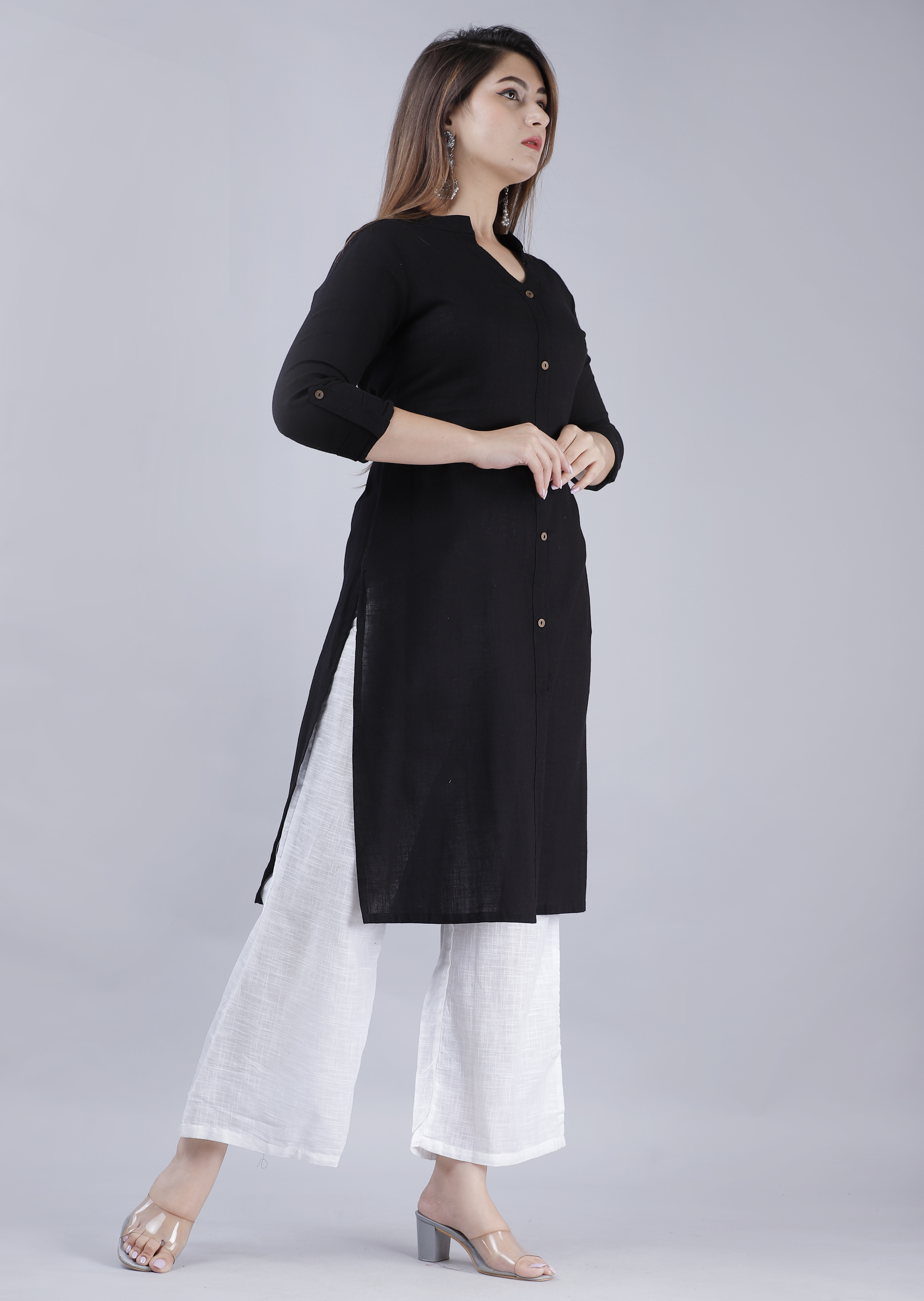 No Fade Cotton Slub Black Front Button Straight Kurti