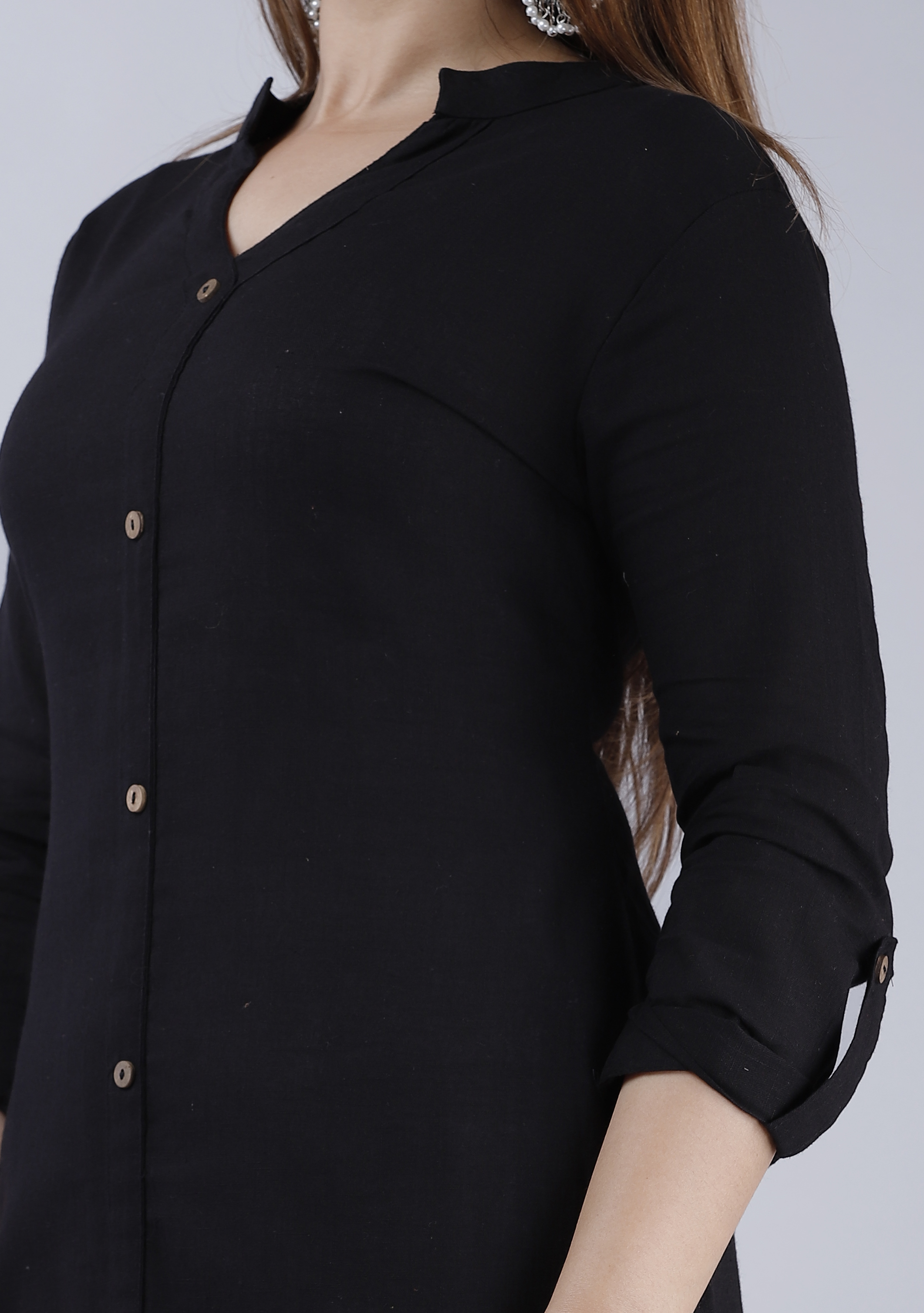 No Fade Cotton Slub Black Front Button Straight Kurti