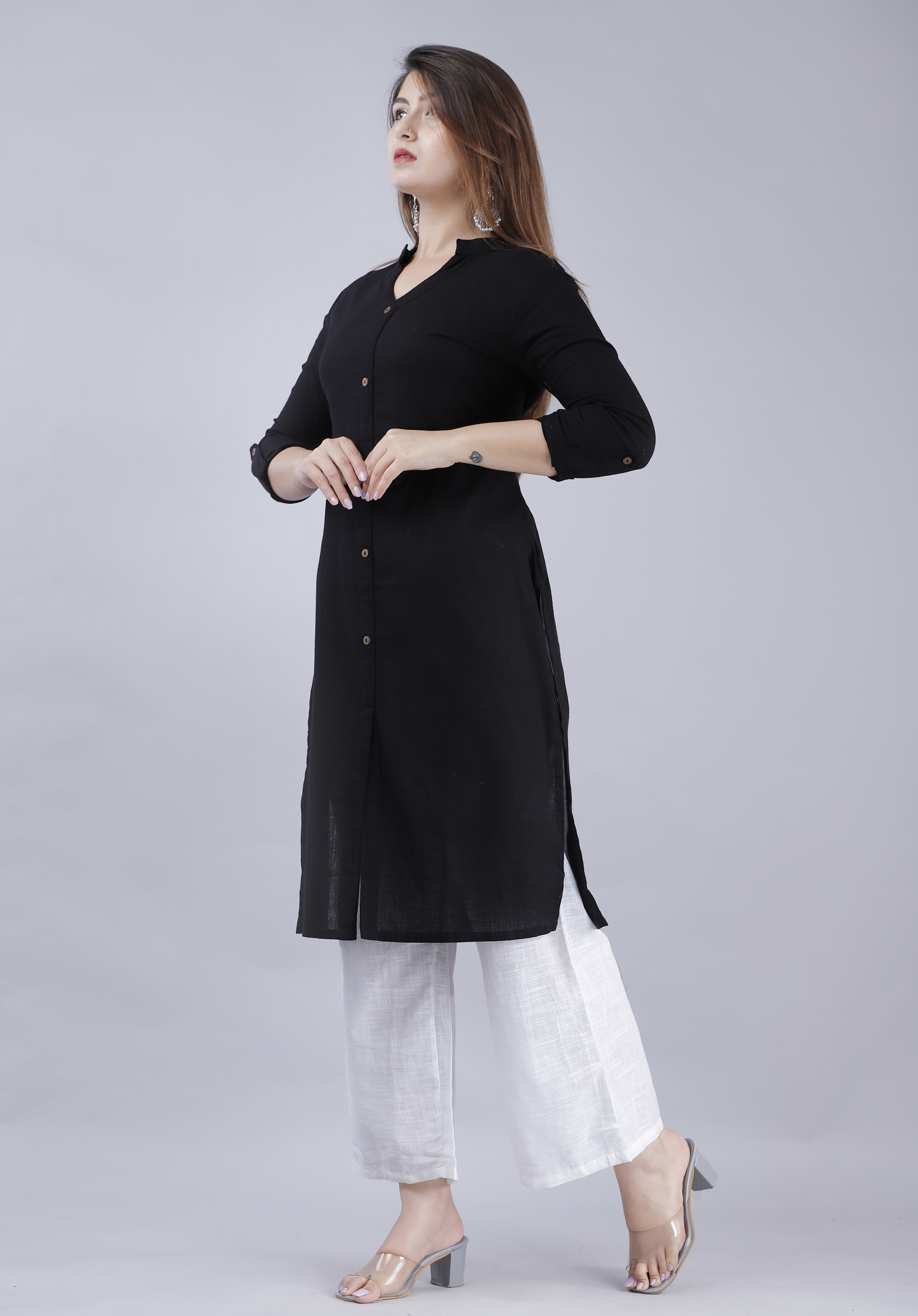 No Fade Cotton Slub Black Front Button Straight Kurti