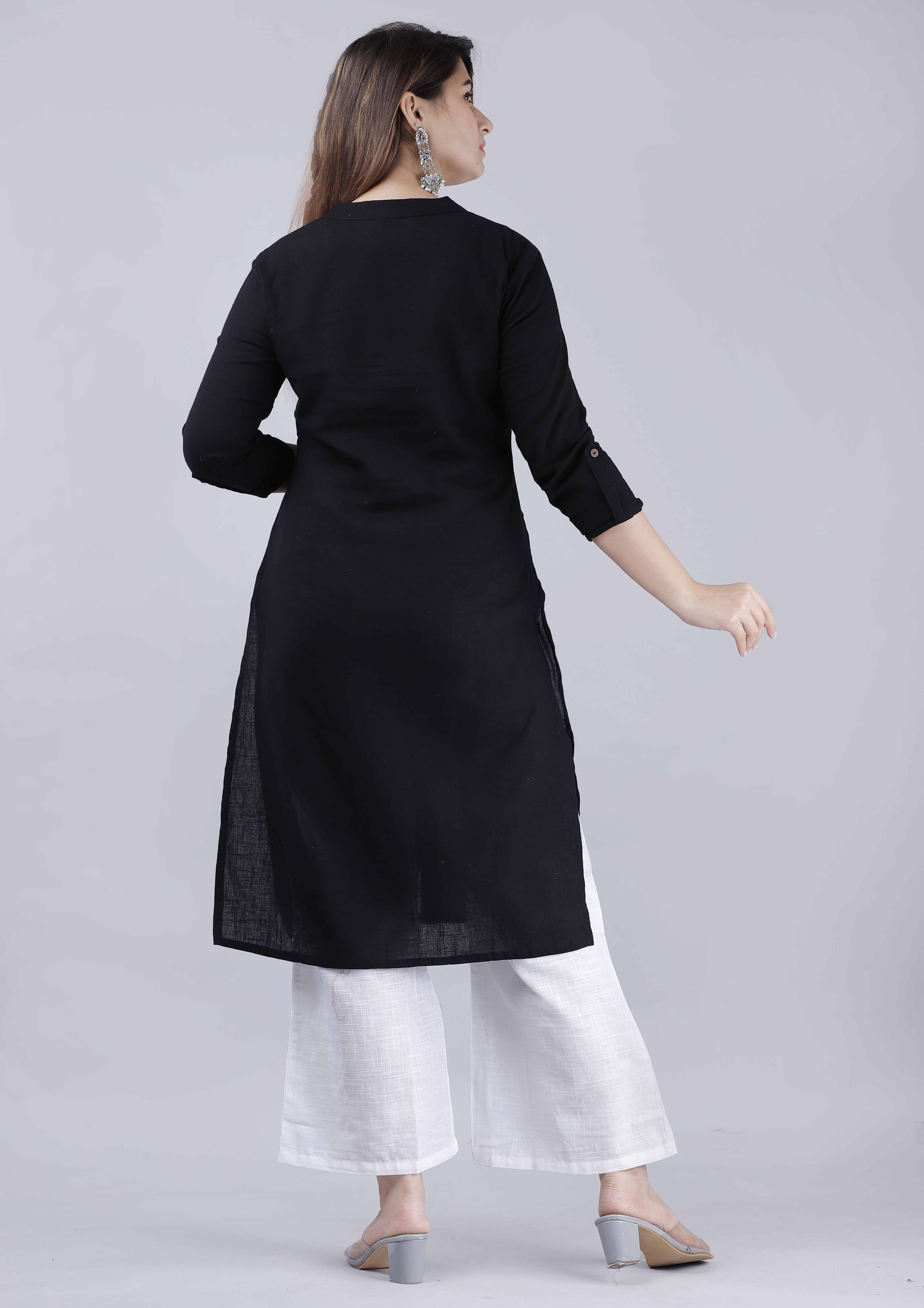 No Fade Cotton Slub Black Front Button Straight Kurti