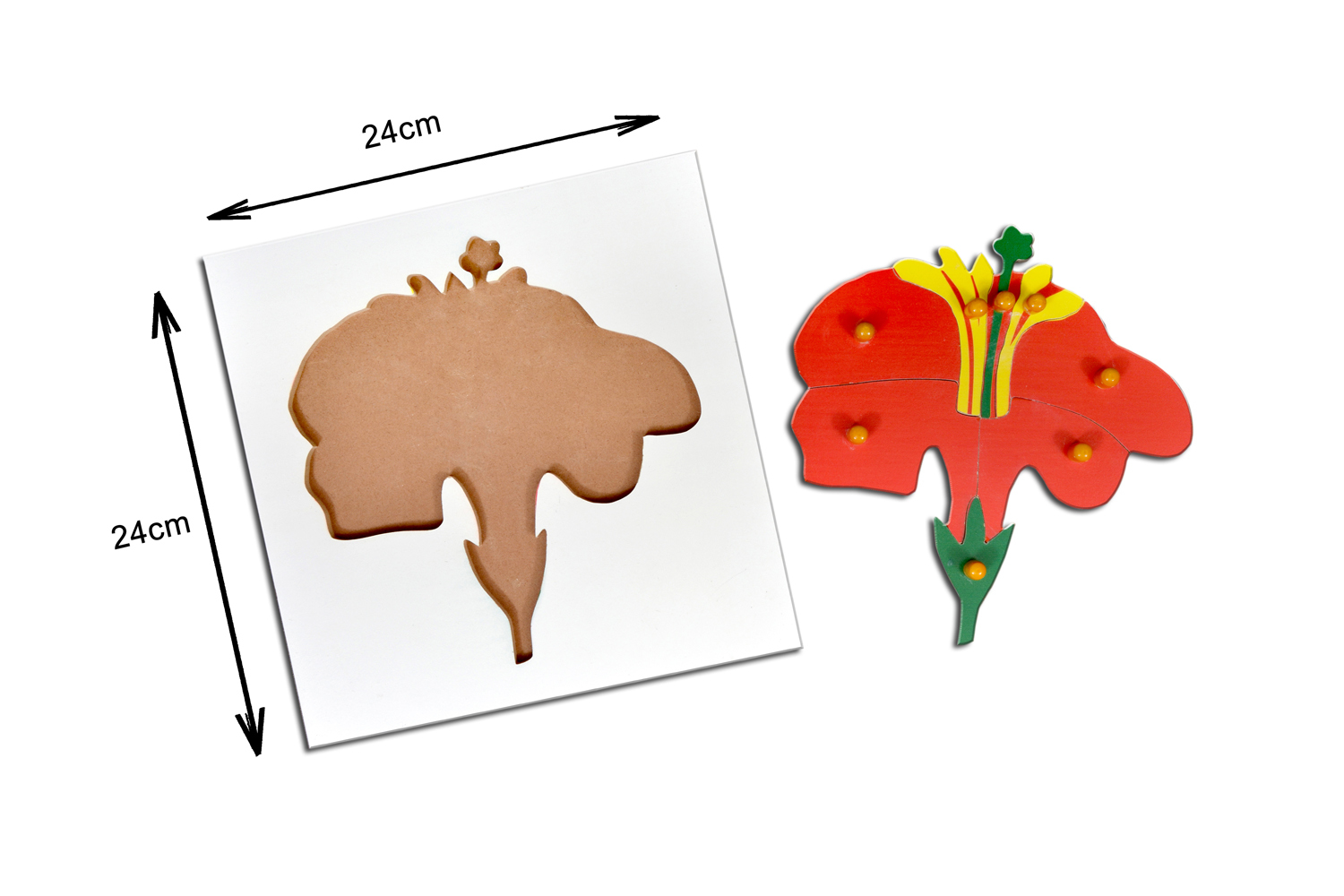 Kidken Flower Puzzle - Wooden 24x24 Cm Red | Montessori Learning Aid For Botany With Knobs For Fine Motor Skills Development