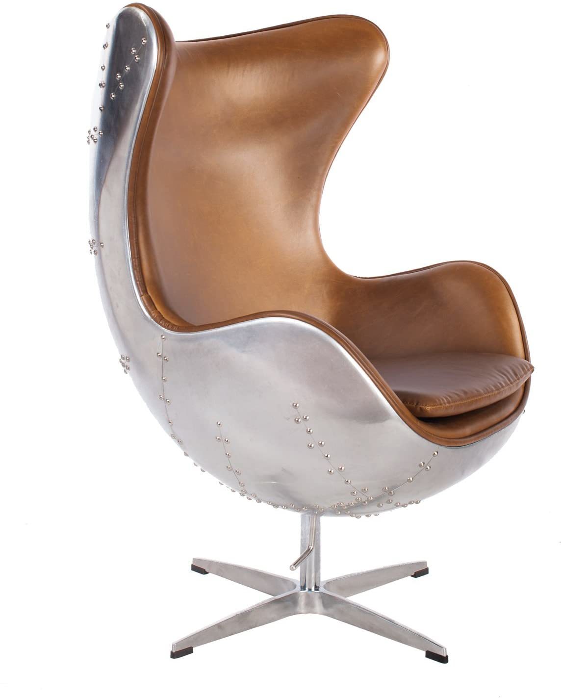 Hand-hammered Aviator Aluminum Mid Century Modern Classic Arne Jacobsen Style Egg Replica Lounge Chair With Premium Vintage Caramel Brown Pu Leather Fiberglass Inner Shell And Polished Aluminium Frame