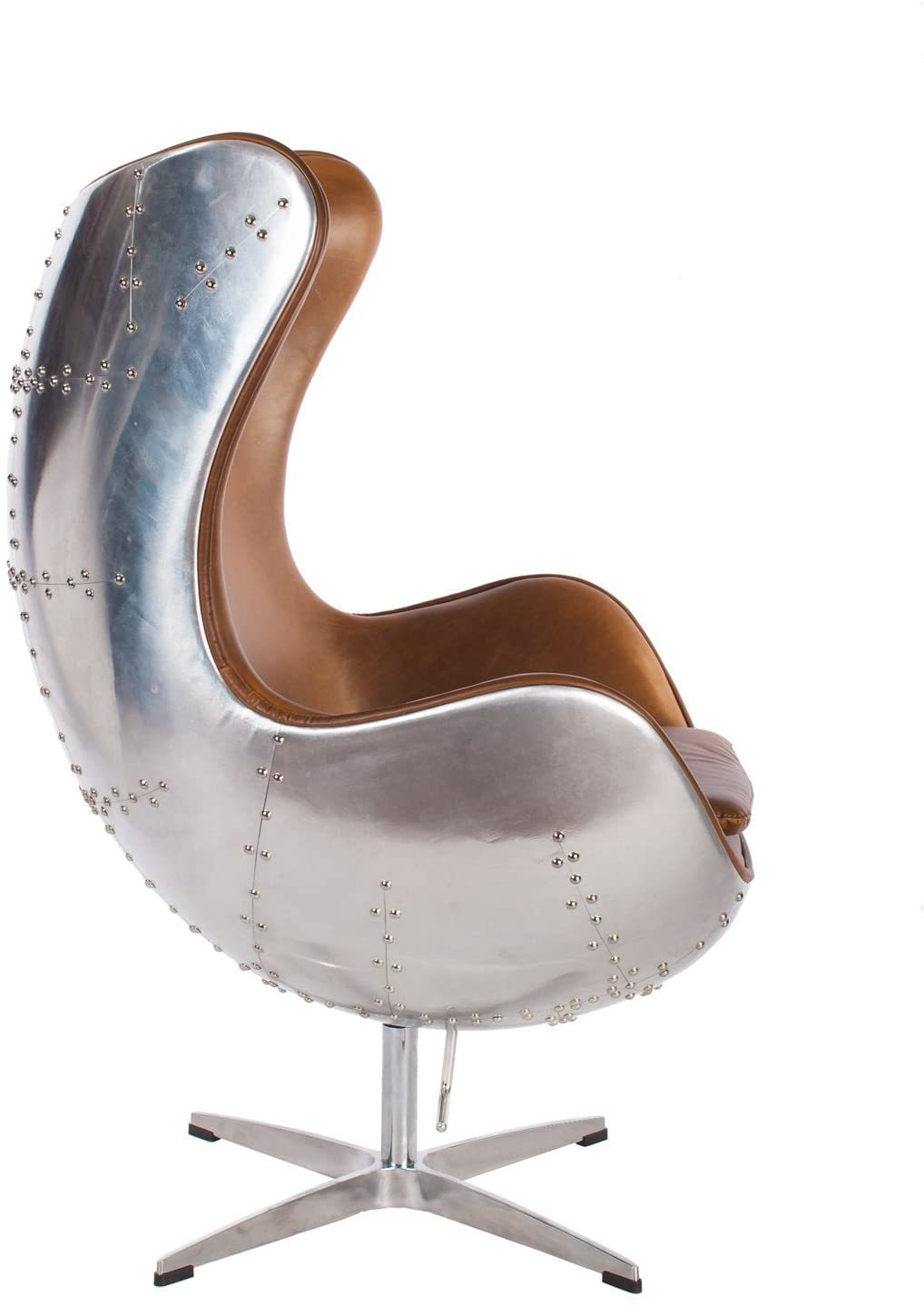 Hand-hammered Aviator Aluminum Mid Century Modern Classic Arne Jacobsen Style Egg Replica Lounge Chair With Premium Vintage Caramel Brown Pu Leather Fiberglass Inner Shell And Polished Aluminium Frame