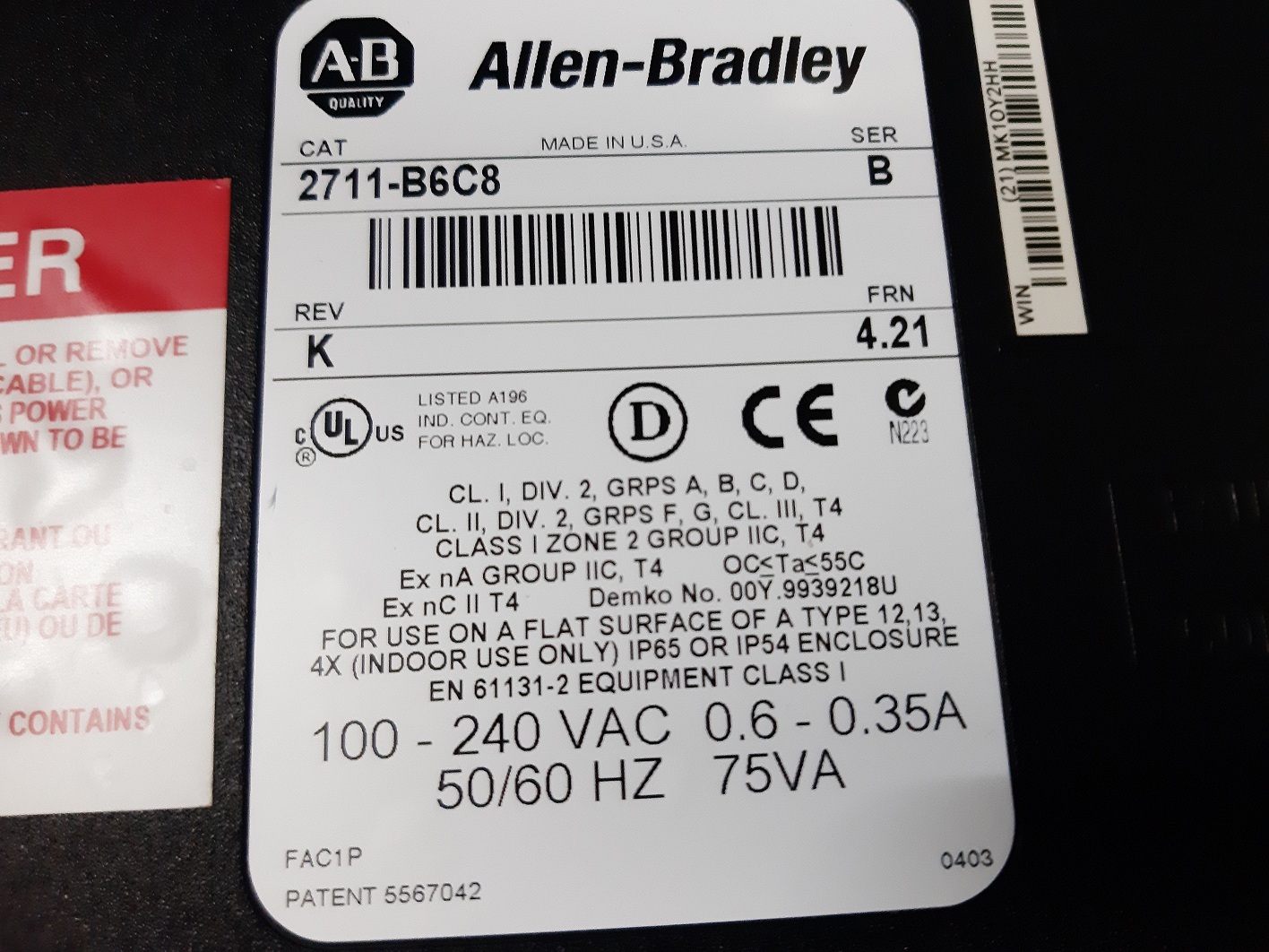 Allen Bradley Panelview 600 Hmi 2711-b6c8
