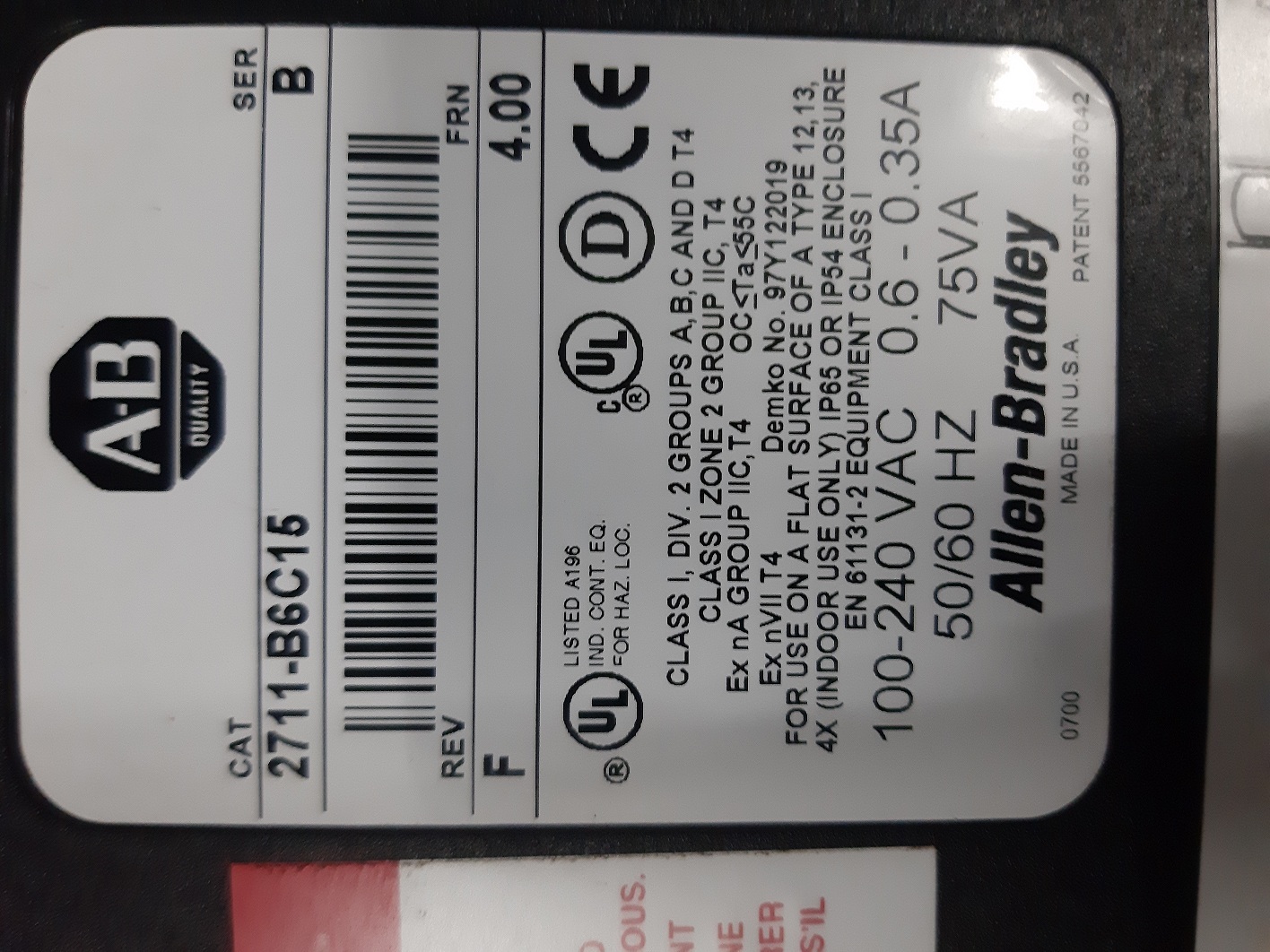 Allen Bradley Panelview 600 Hmi 2711-b6c15