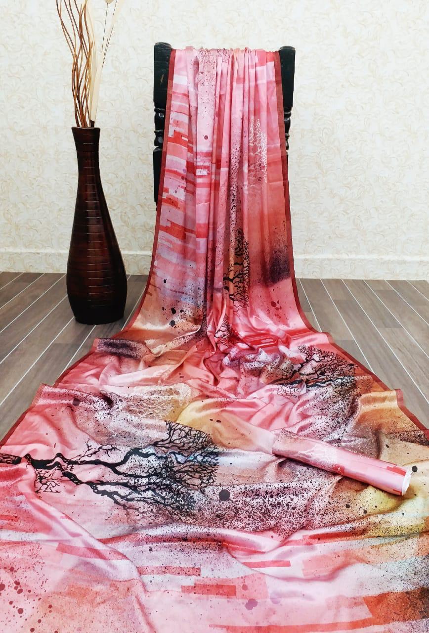 Kf Sartin Silk Saree - Heavy Fabric, Multi-color, Gorgeous Print | Party Wear For All Seasons, Bollywood Style