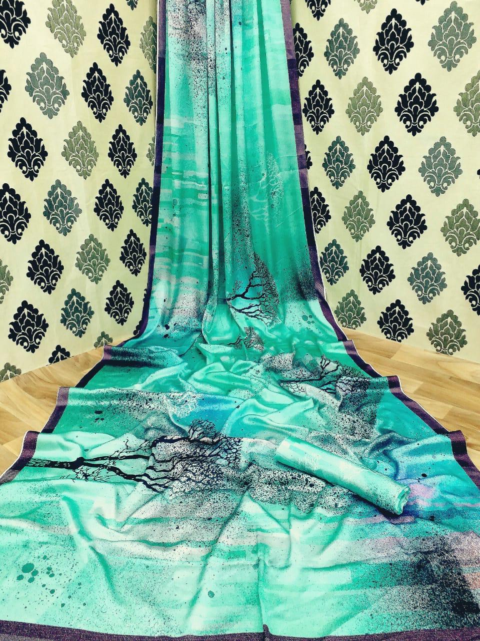 Kf Sartin Silk Saree - Heavy Fabric, Multi-color, Gorgeous Print | Party Wear For All Seasons, Bollywood Style