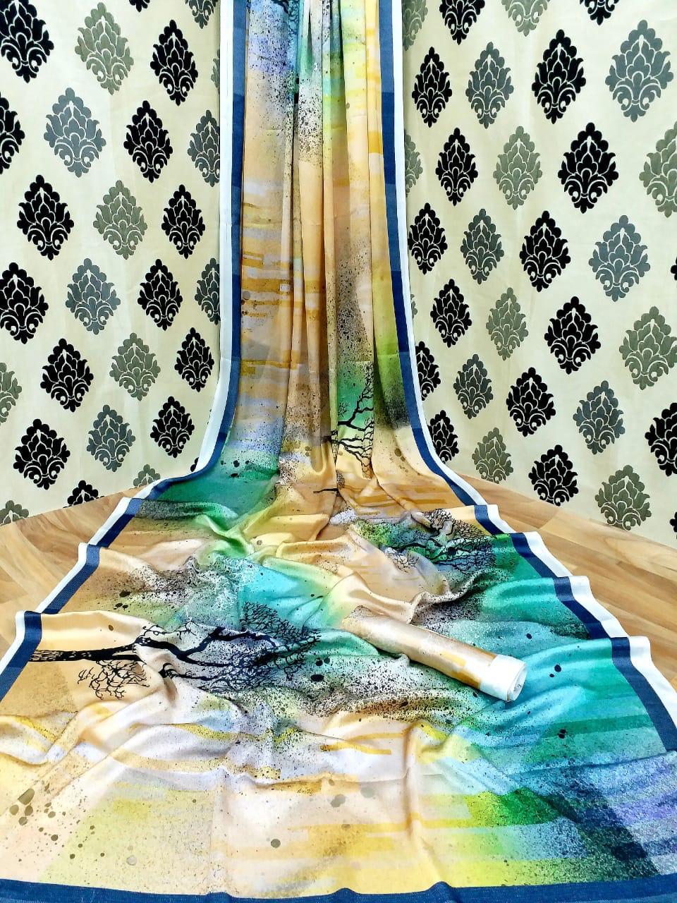 Kf Sartin Silk Saree - Heavy Fabric, Multi-color, Gorgeous Print | Party Wear For All Seasons, Bollywood Style