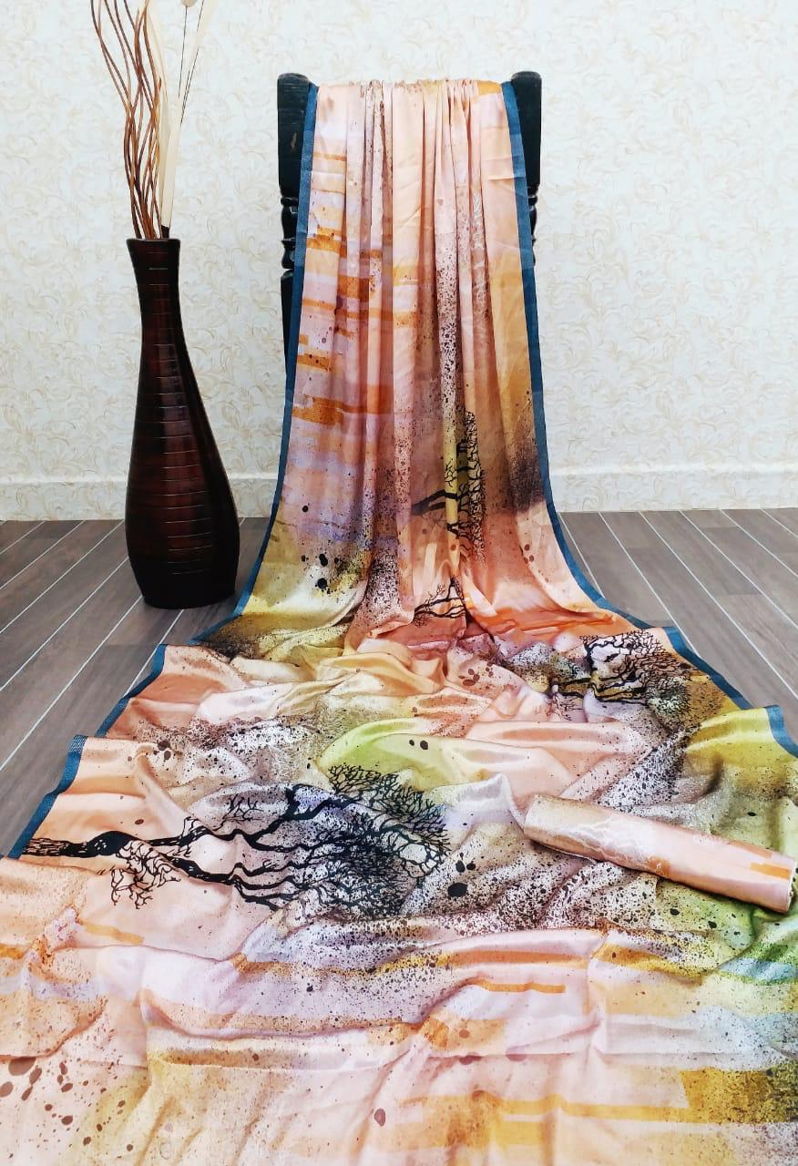 Kf Sartin Silk Saree - Heavy Fabric, Multi-color, Gorgeous Print | Party Wear For All Seasons, Bollywood Style