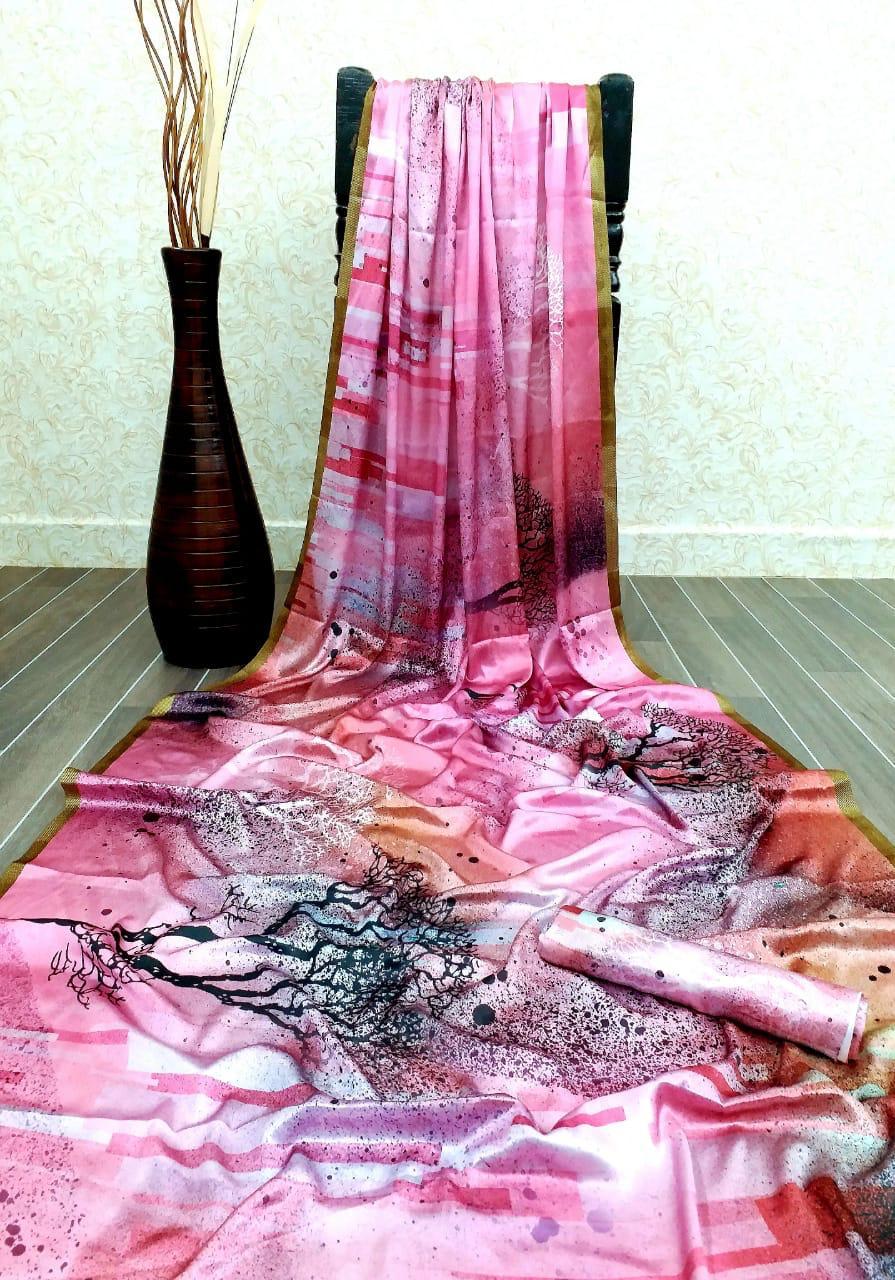 Kf Sartin Silk Saree - Heavy Fabric, Multi-color, Gorgeous Print | Party Wear For All Seasons, Bollywood Style