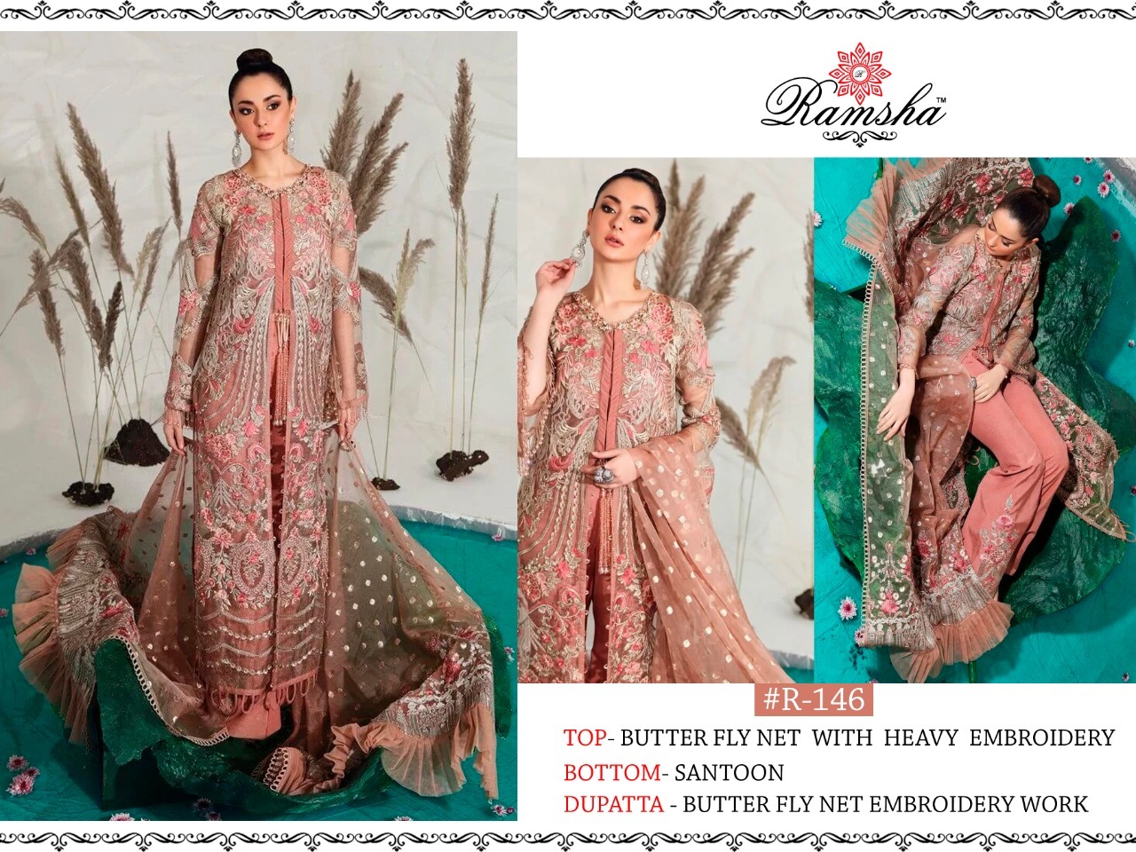 Green Embroidered Pant Suit - Butterfly Net Top With Heavy Embroidery, Dull Santoon Bottom, Full Sleeves, Customized Size, Elegant Dupatta