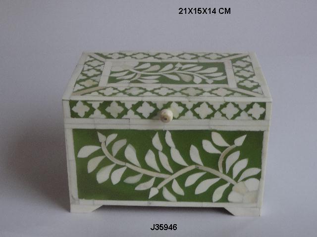 Bone Inlay Jewelry Box - 21x15x14 Cm , Antique Indian Style Handmade Artwork With Rectangular Inlay Design