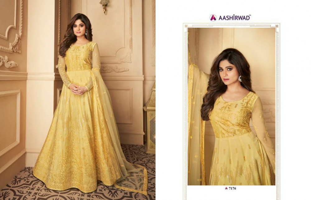 Multi Color Aashirwad Creation Peacock Butterfly Net Anarkali Suits Catalog