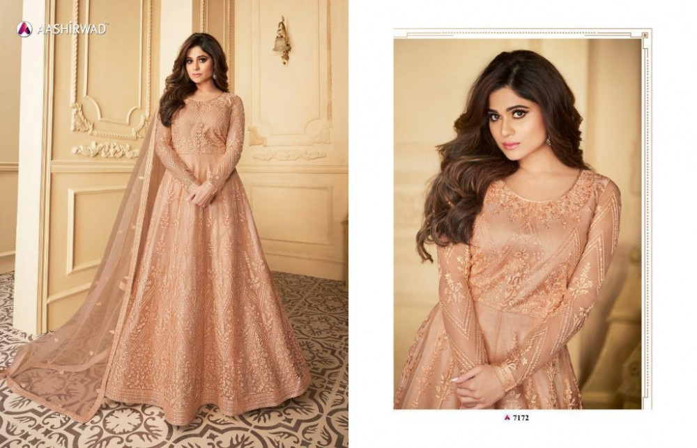 Multi Color Aashirwad Creation Peacock Butterfly Net Anarkali Suits Catalog