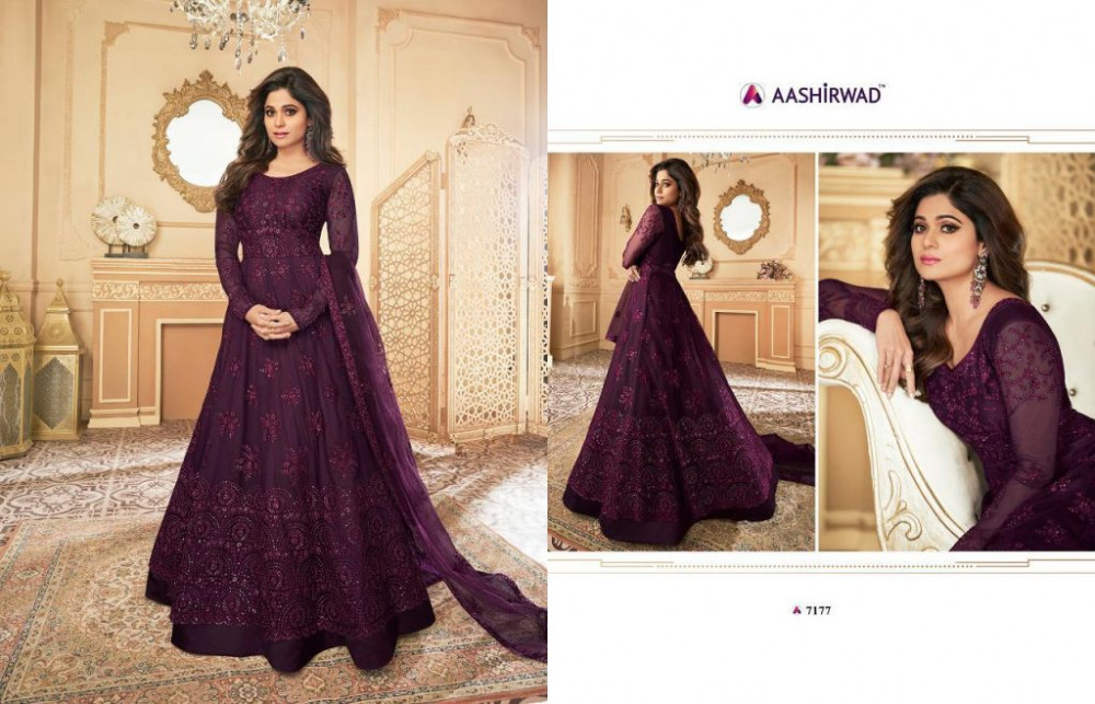 Multi Color Aashirwad Creation Peacock Butterfly Net Anarkali Suits Catalog
