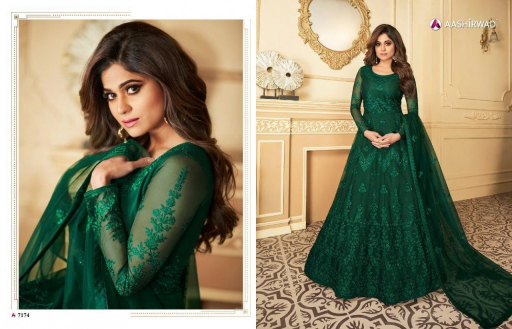 Multi Color Aashirwad Creation Peacock Butterfly Net Anarkali Suits Catalog