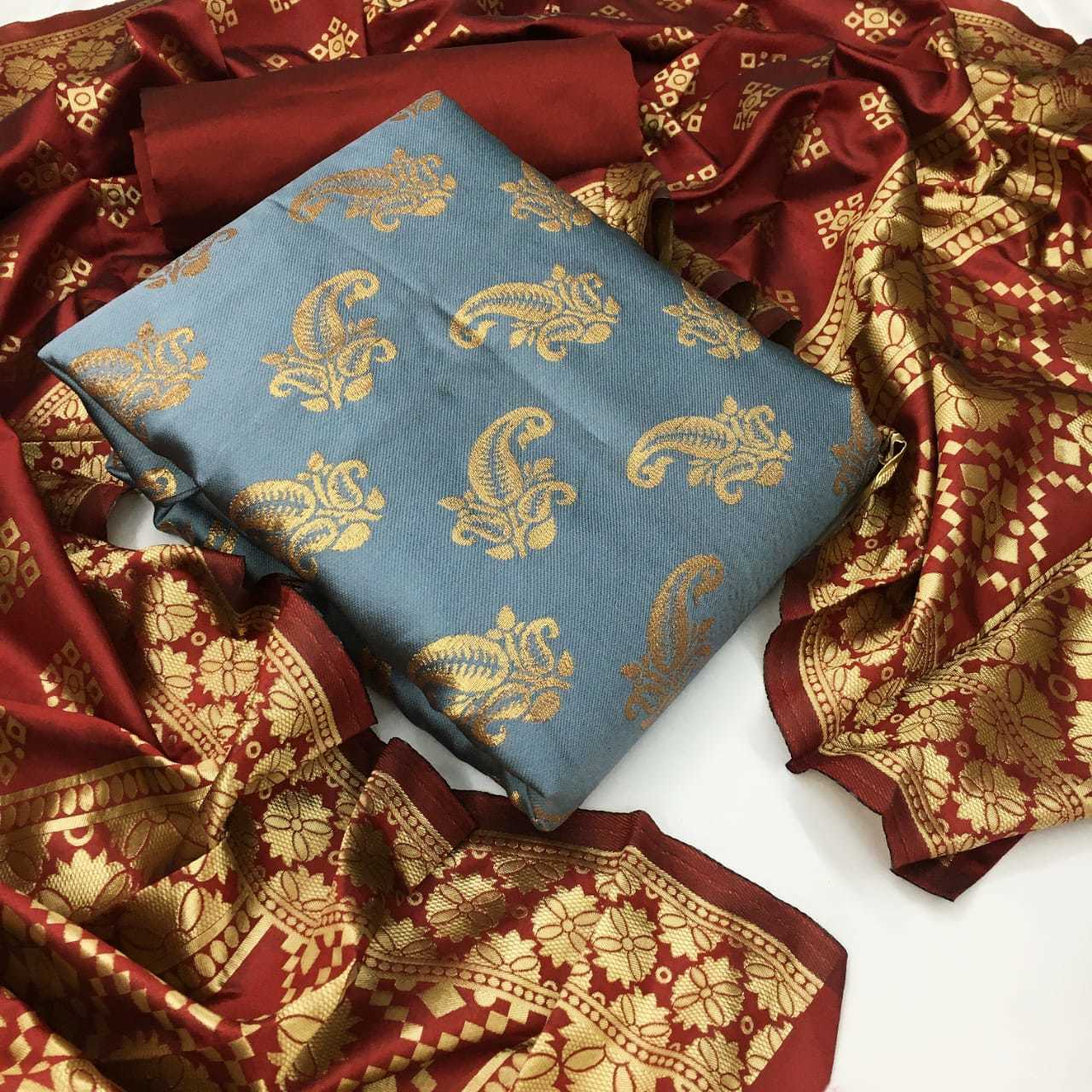 Banarasi Silk Dress Material - Top: Banarasi Silk (2 Mtr), Bottom: Heavy Silk (2 Mtr), Dupatta: Jacquard Weaving (2.20 Mtr) | Multi-color, Washable, Customized Size, Ideal For Women