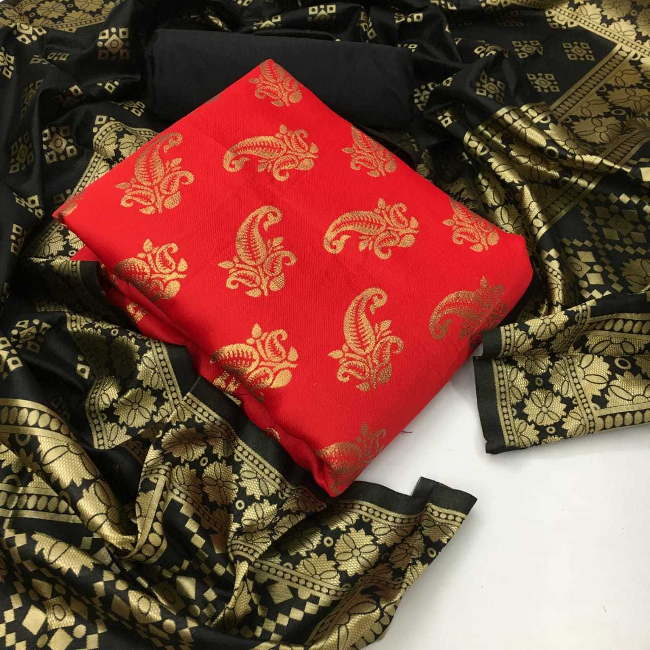 Banarasi Silk Dress Material - Top: Banarasi Silk (2 Mtr), Bottom: Heavy Silk (2 Mtr), Dupatta: Jacquard Weaving (2.20 Mtr) | Multi-color, Washable, Customized Size, Ideal For Women