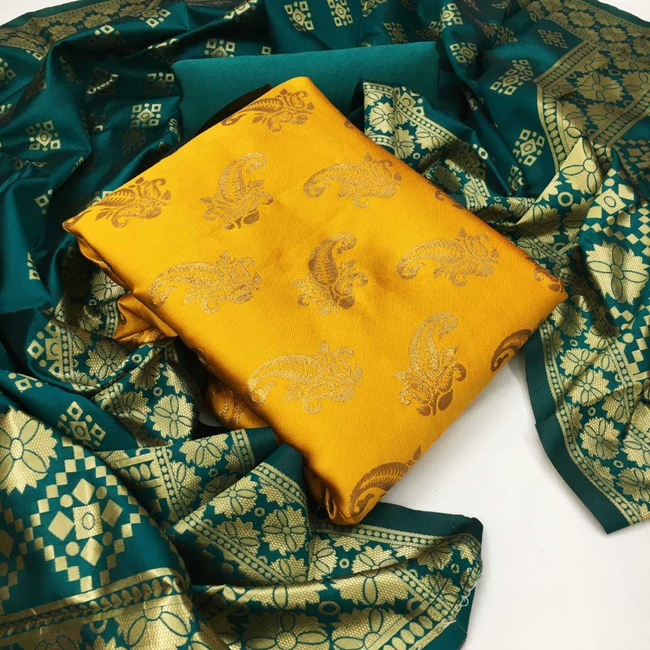 Banarasi Silk Dress Material - Top: Banarasi Silk (2 Mtr), Bottom: Heavy Silk (2 Mtr), Dupatta: Jacquard Weaving (2.20 Mtr) | Multi-color, Washable, Customized Size, Ideal For Women