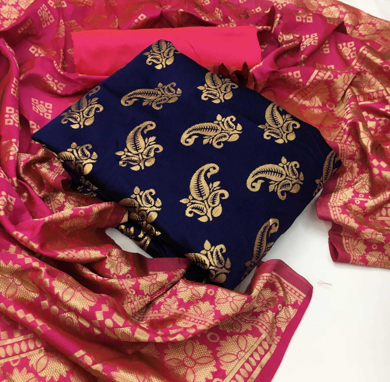 Banarasi Silk Dress Material - Top: Banarasi Silk (2 Mtr), Bottom: Heavy Silk (2 Mtr), Dupatta: Jacquard Weaving (2.20 Mtr) | Multi-color, Washable, Customized Size, Ideal For Women