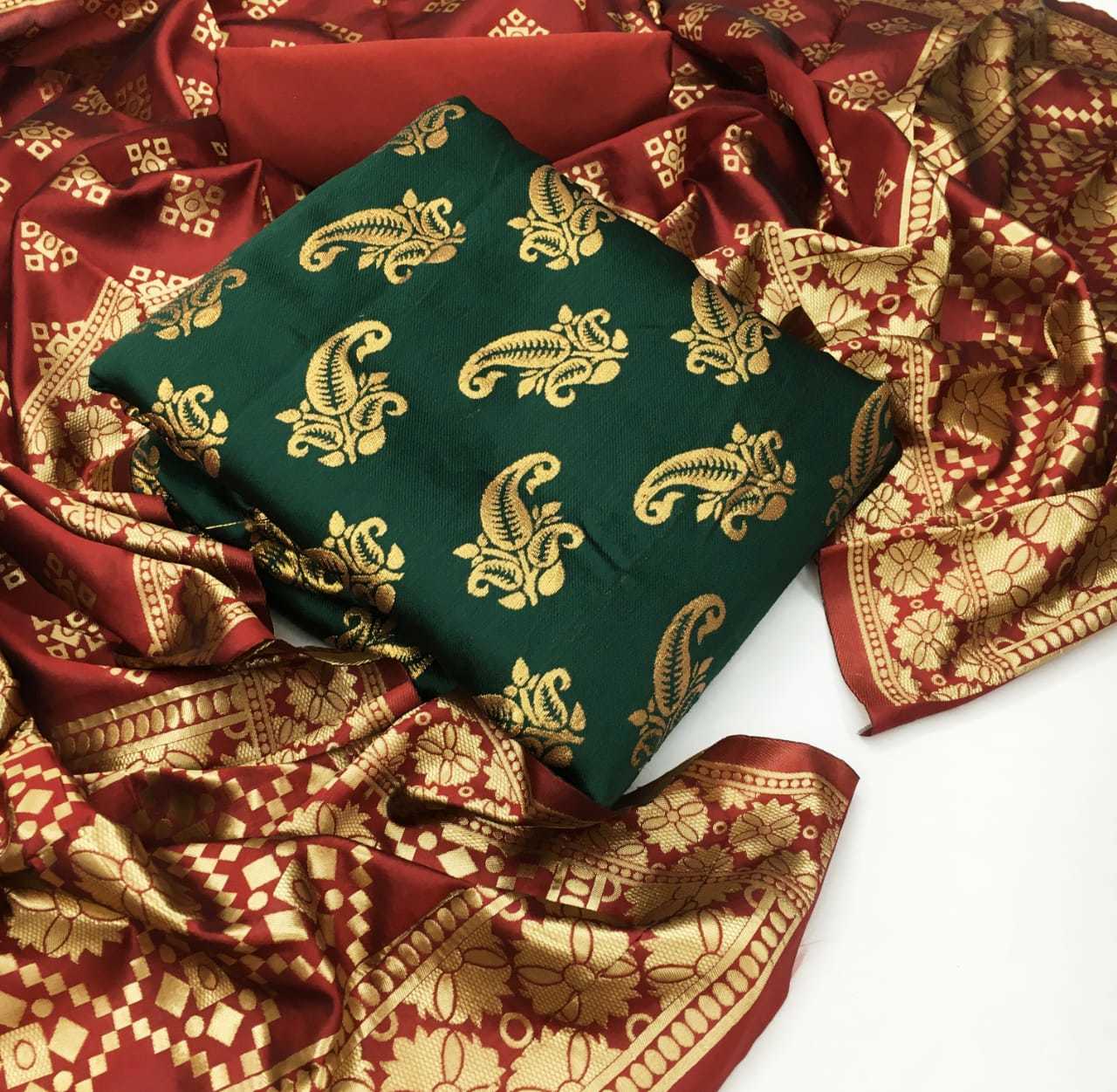 Banarasi Silk Dress Material - Top: Banarasi Silk (2 Mtr), Bottom: Heavy Silk (2 Mtr), Dupatta: Jacquard Weaving (2.20 Mtr) | Multi-color, Washable, Customized Size, Ideal For Women