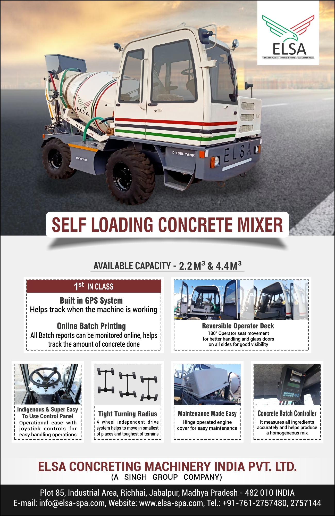 Elsa Self Loading Mixer - 4.4 M / Batch, 6.15 M3 Drum Capacity, 29 Gradient, Dual 450 Lit Water Tank, 100 Lit Diesel Tank, 140 Lit Hydraulic Tank, Kirloskar 4r 1040 Tt Engine, 405/70-20 Tyre