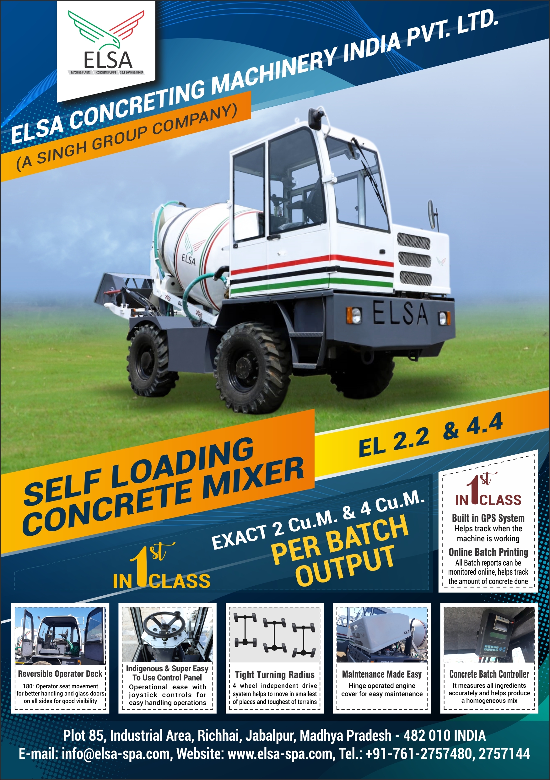 Elsa Self Loading Mixer - 4.4 M / Batch, 6.15 M3 Drum Capacity, 29 Gradient, Dual 450 Lit Water Tank, 100 Lit Diesel Tank, 140 Lit Hydraulic Tank, Kirloskar 4r 1040 Tt Engine, 405/70-20 Tyre