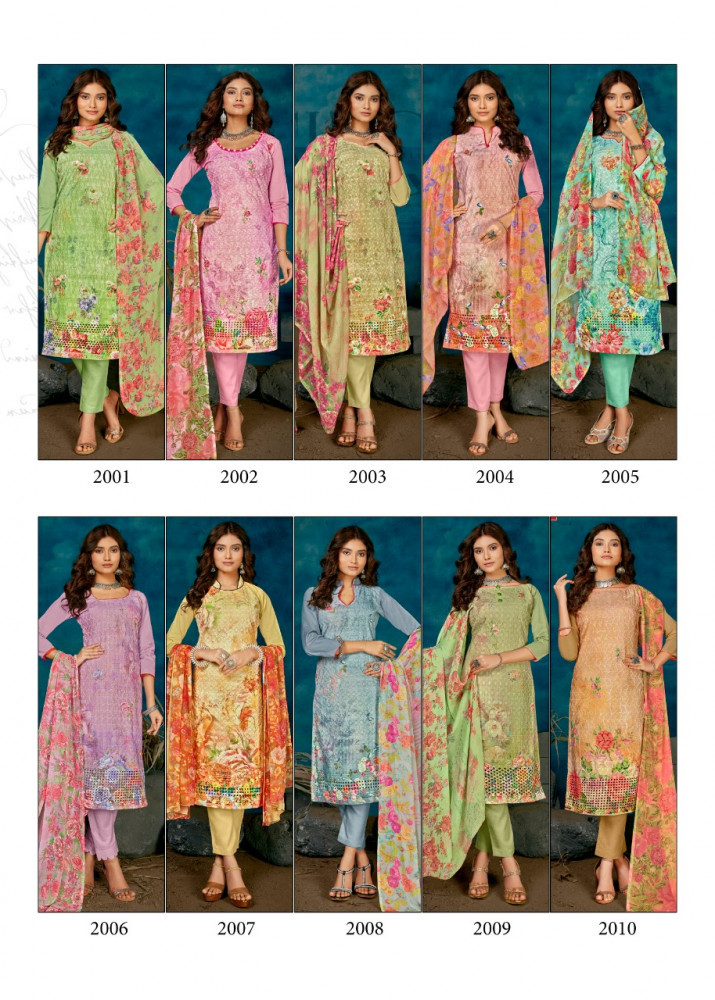 Dress Material - Cotton Digital Print Top (2.50 Mtrs), Exquisitely Printed Nazneen Dupatta (2.30 Mtrs) , Multi Color Casual Ethnic Wear With Full Sleeves