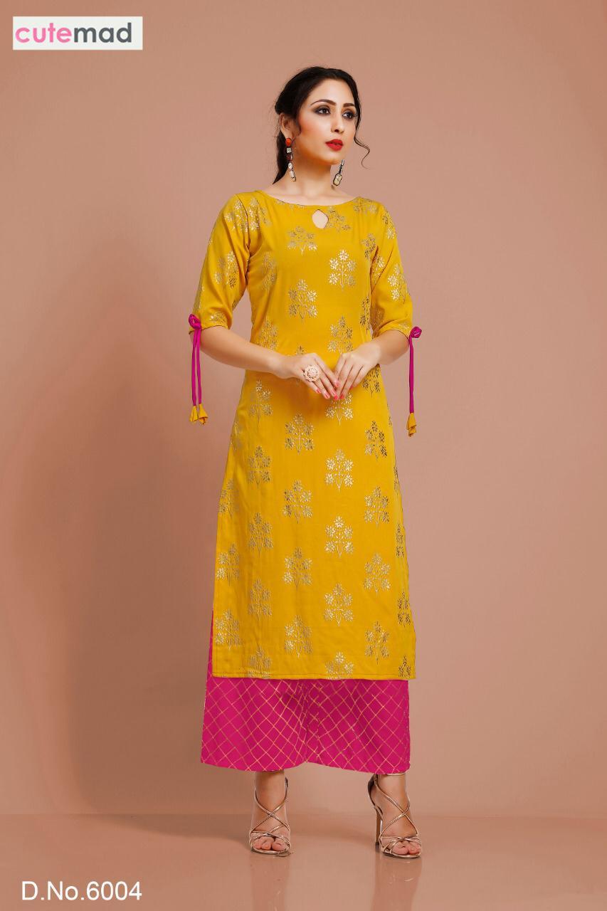 Cutemad Vol-6 Party Wear Malai Crape Kurtis With Palazzo - Malai Crape, Sizes L/xl/xxl, Printed Foil Work, 3/4 Sleeve Style | Quick Dry, Washable, Dry Clean Only